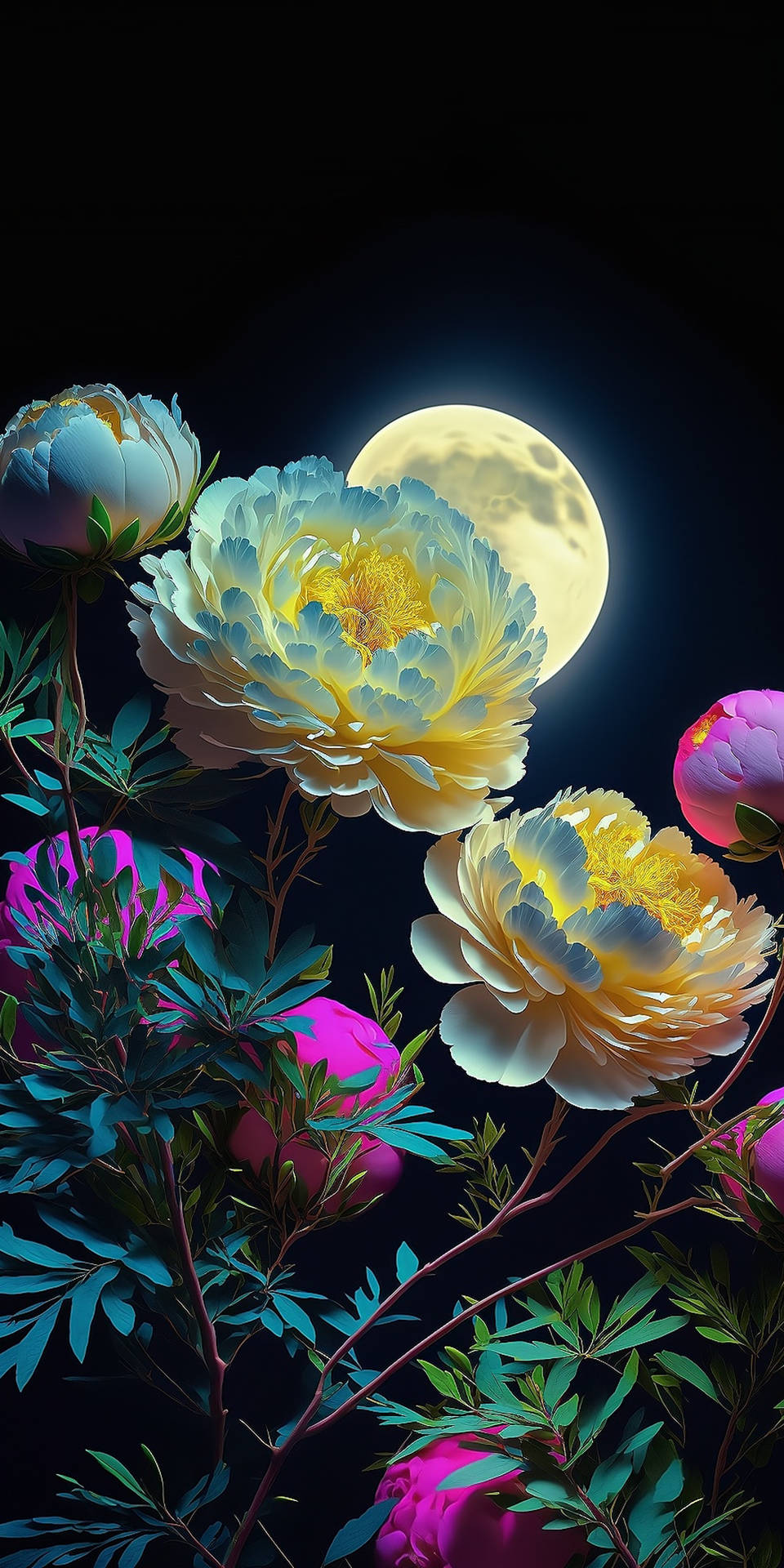 發光的牡丹在黑暗的夜景中，於閃爍的滿月下盛開。