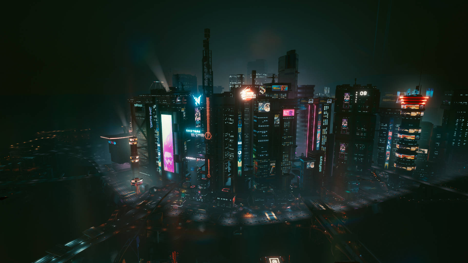 未來城市天際線夜景，有發光嘅霓虹招牌同雨。