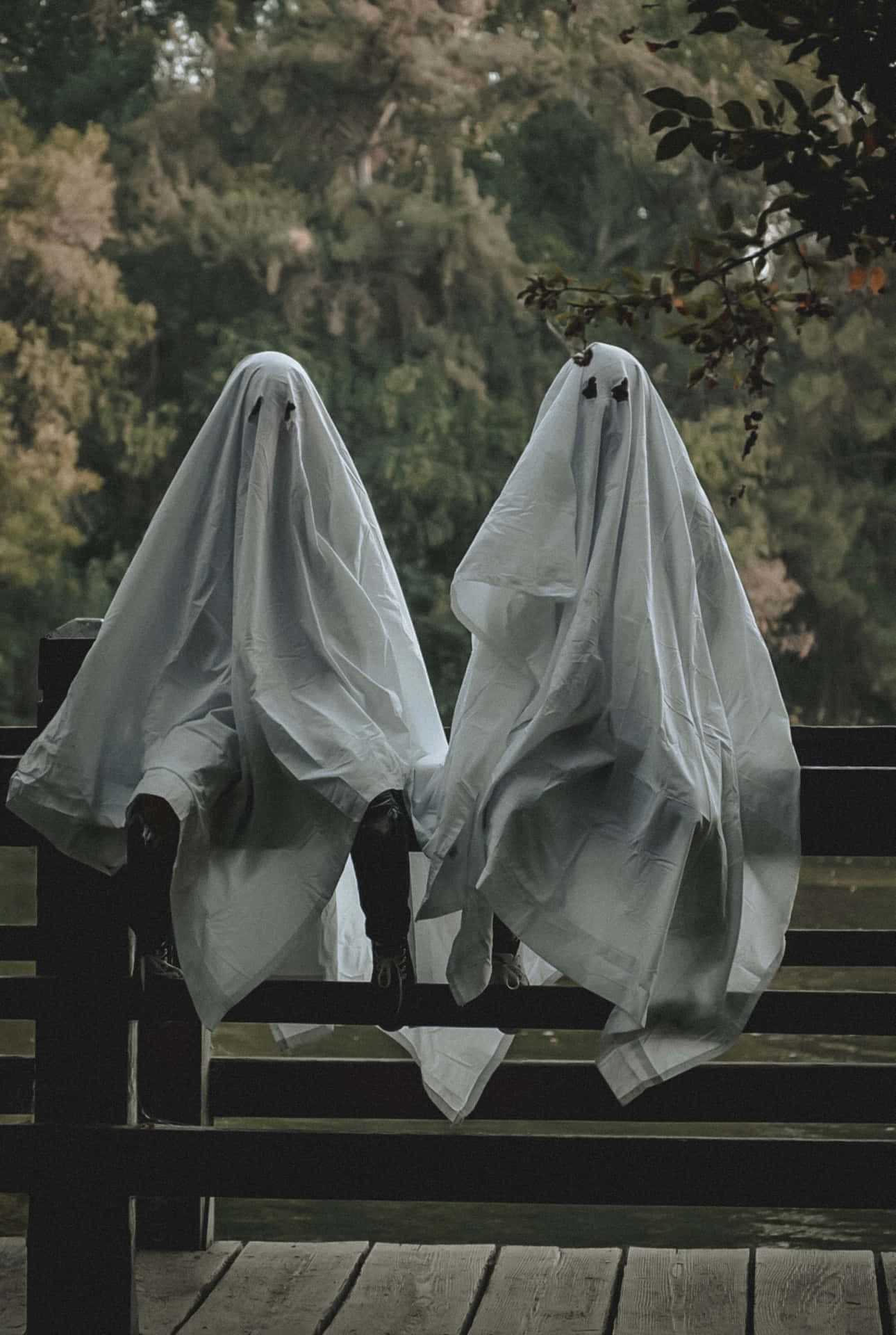 兩個鬼魂服裝坐在森林中的木凳上。