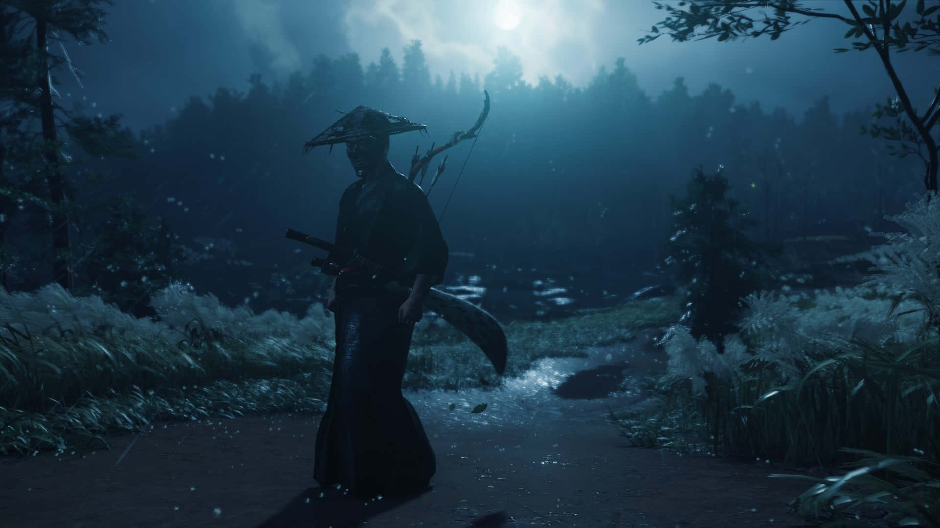 武士戰士在月光下獨自走過雪夜森林。