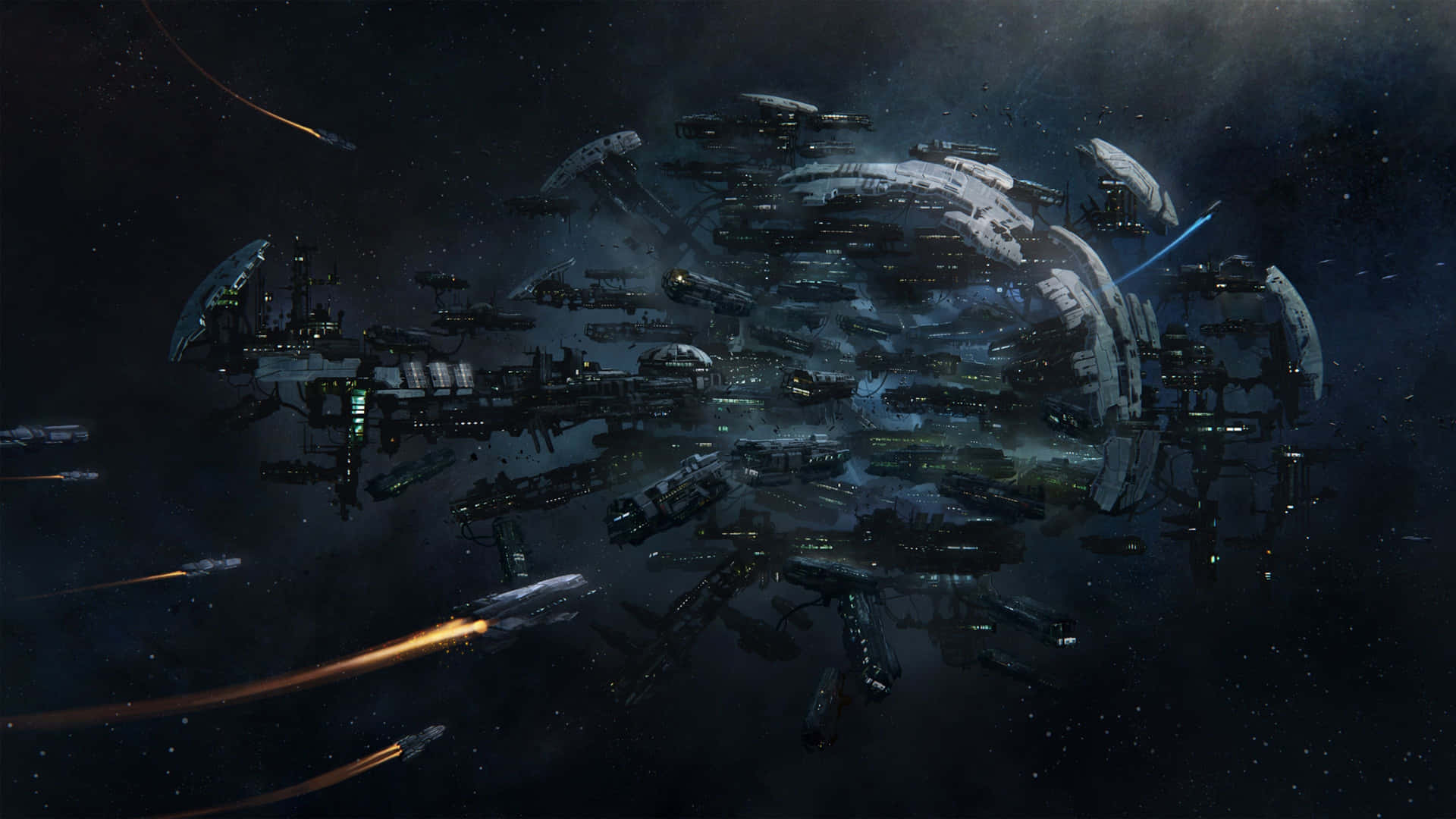 在深空中環繞行星的太空船艦隊，引擎發光並伴有武器火力。