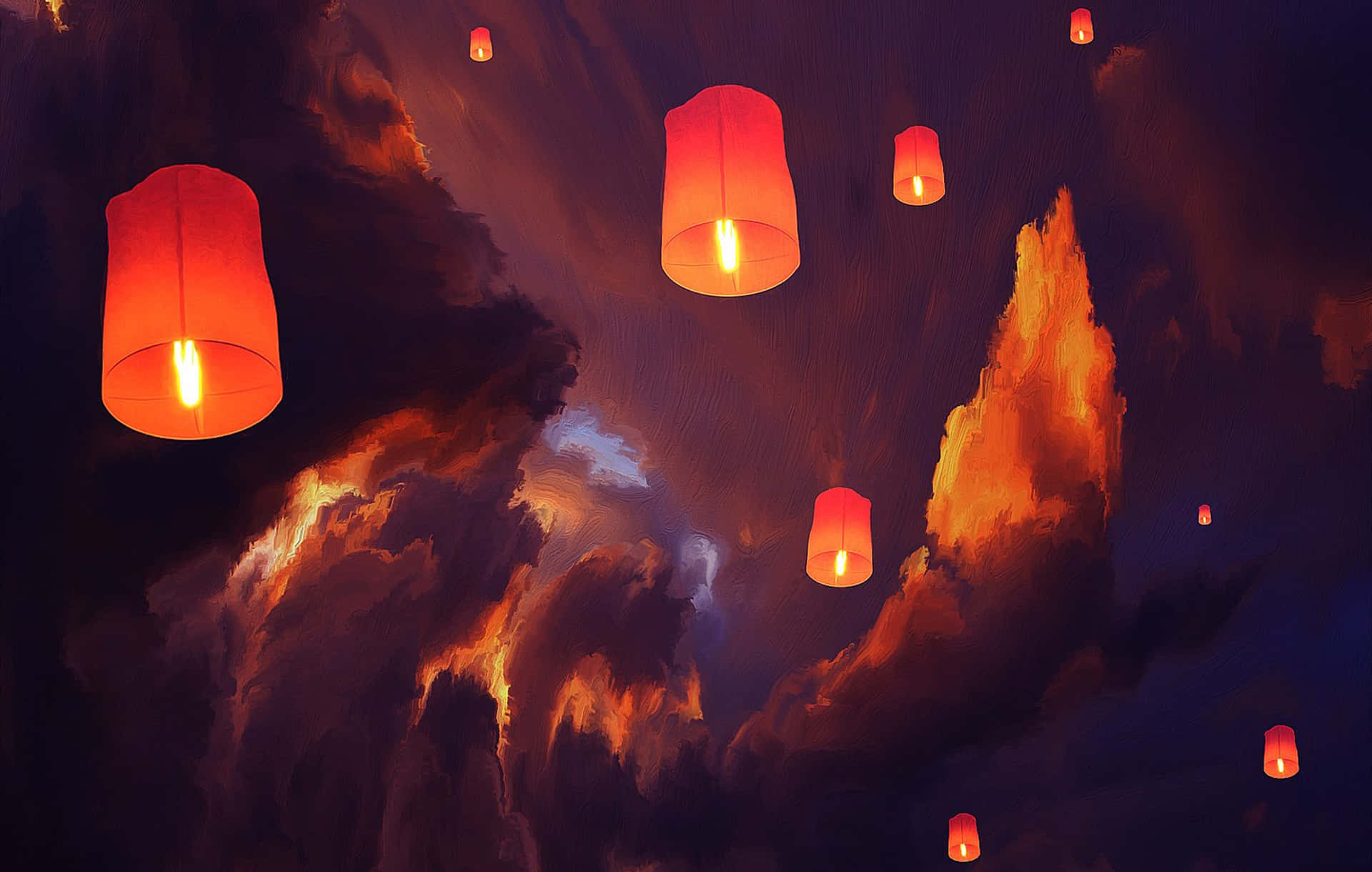 漂浮的天燈在帶有火紅雲彩的戲劇性暮色天空中溫暖地發光。