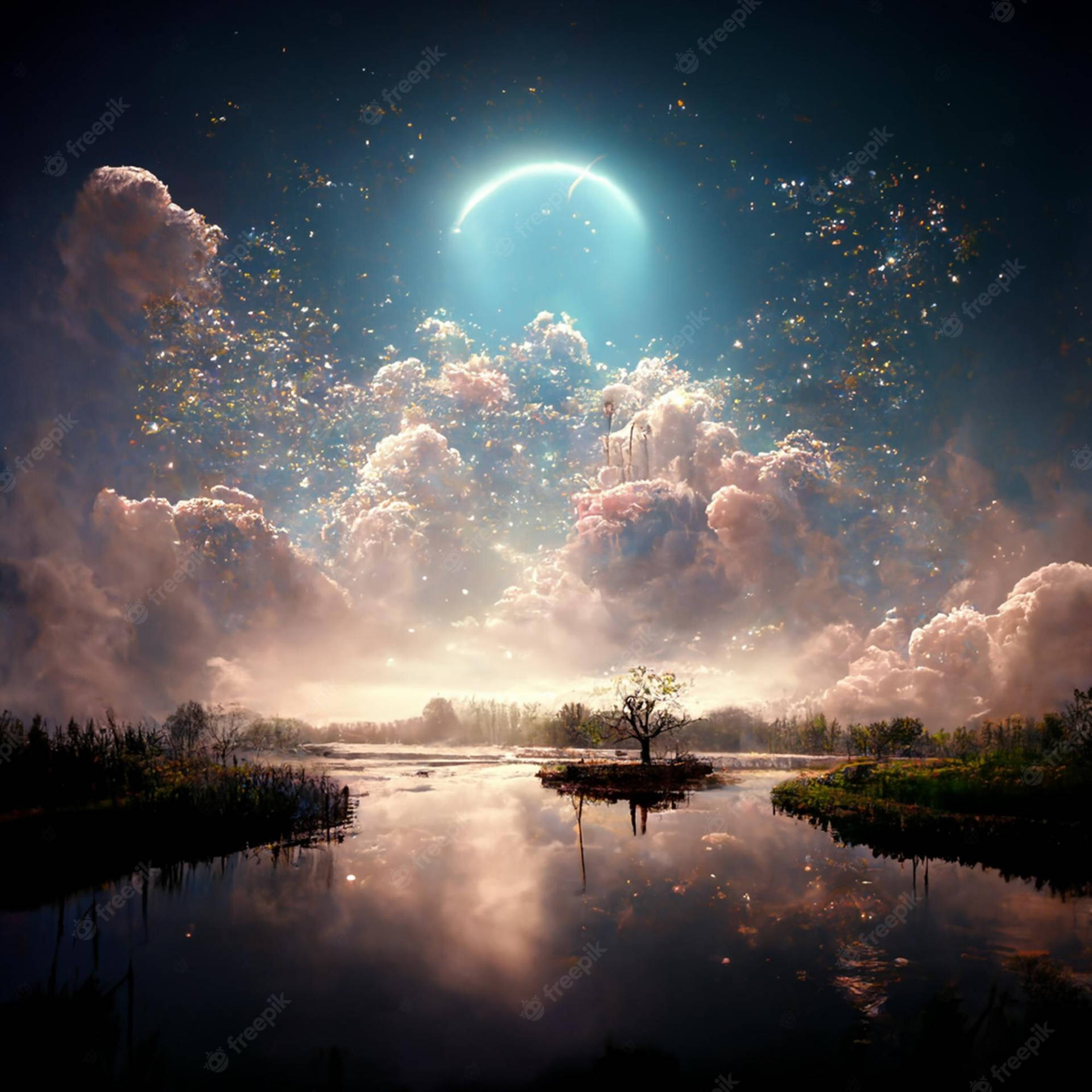 一棵孤樹在平靜湖泊中的島上，在發光的彎月和閃爍的雲彩下。