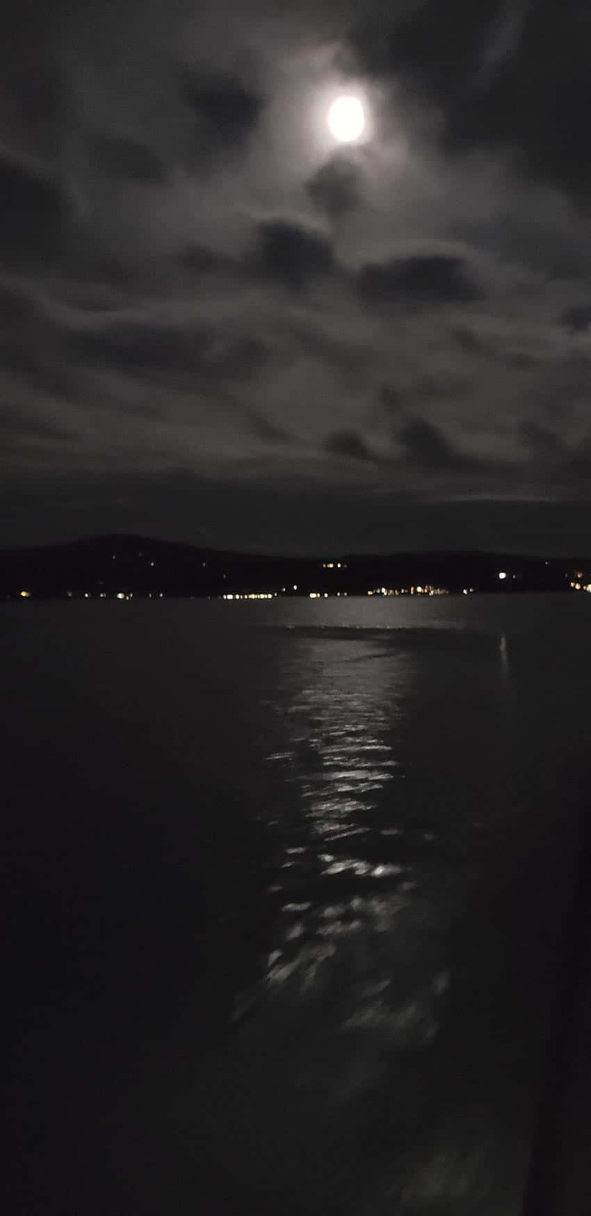 月光在水面上反射，遠處的城市燈光在多雲的夜空下