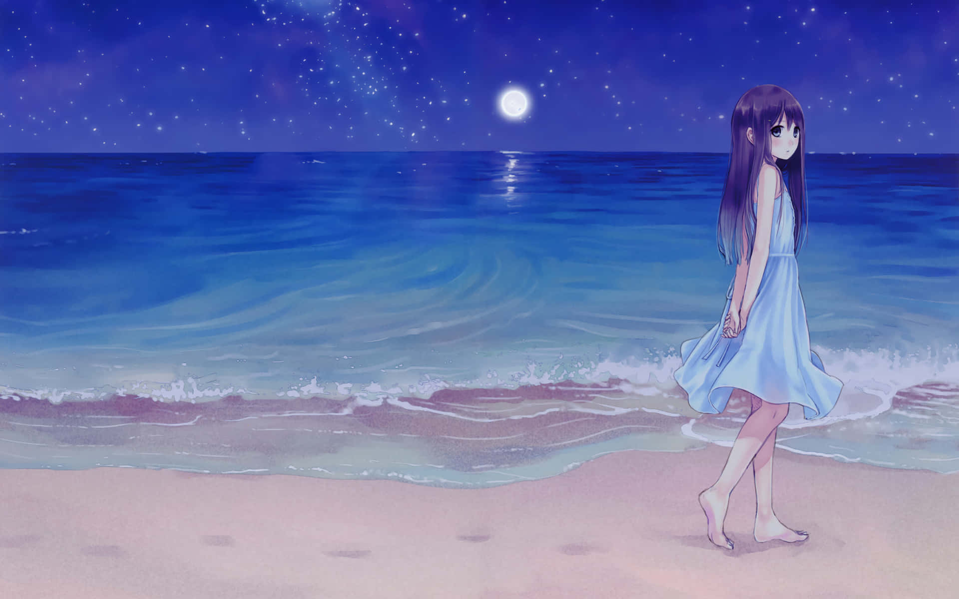 動漫女孩在滿月下的星光燦爛夜晚沙灘上行走。