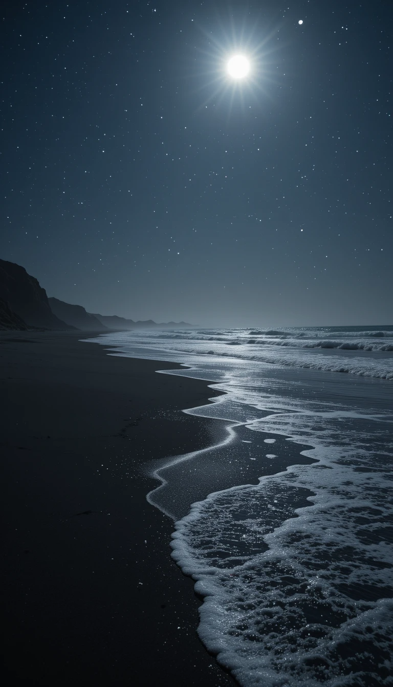 夜色海灘美學壁紙 壁紙 — 一輪明亮的月亮在黑暗的海灘上灑下銀光，溫柔的波浪在繁星點點的夜空下拍打著海岸。