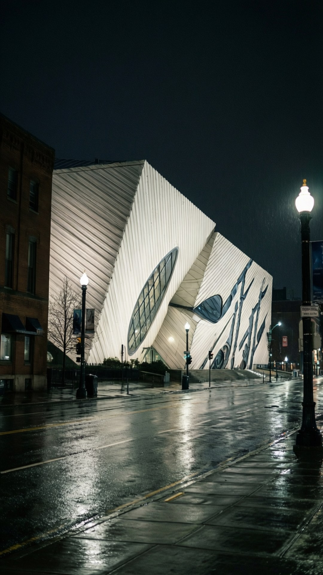 一座夜晚亮燈的現代建築，雨濕的街道反射著路燈。