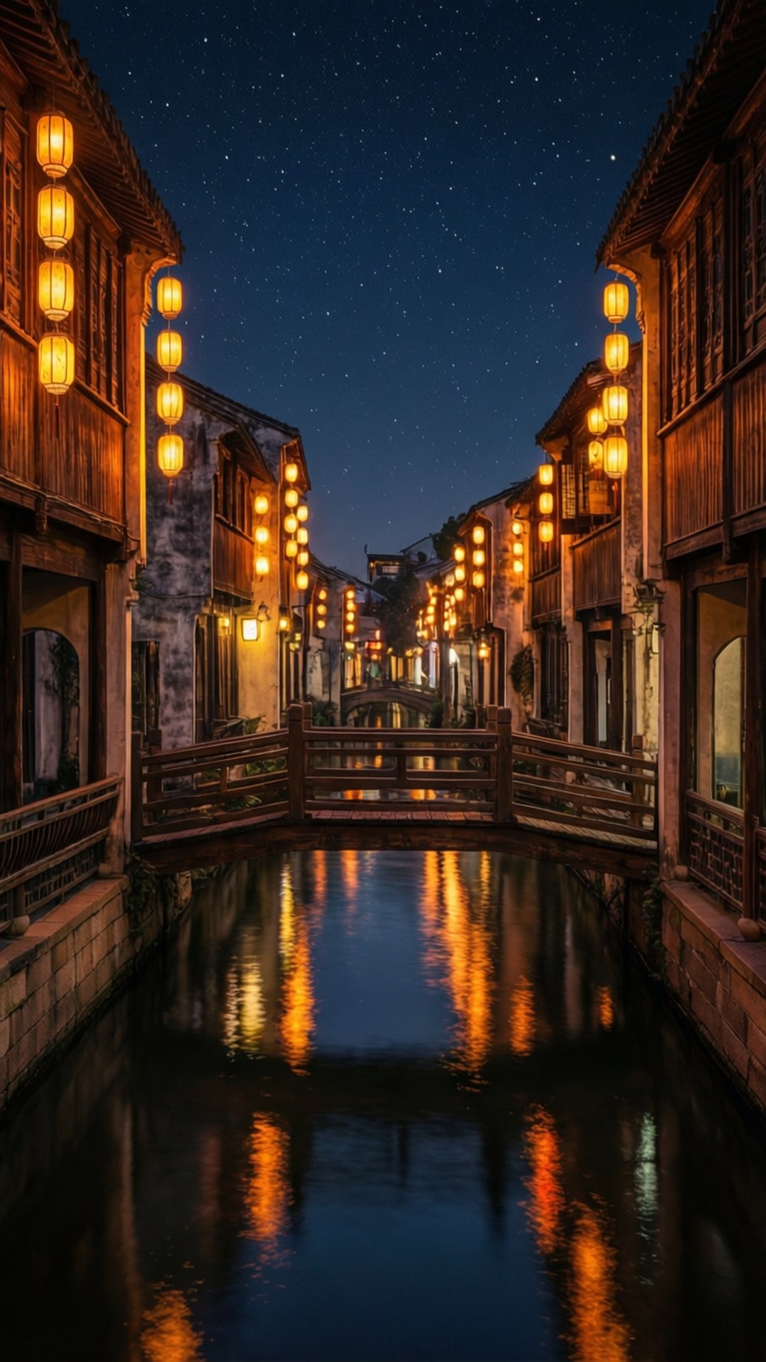 傳統木建築沿著運河排列，在星空下，發光的燈籠倒映在水中。