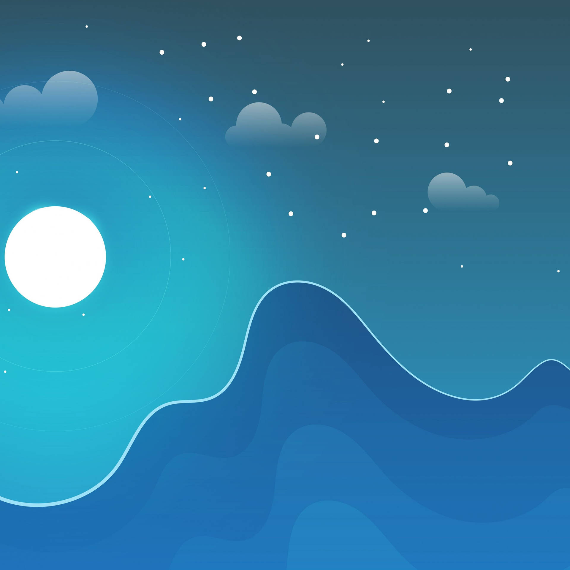 寧靜的夜空，明亮的月亮、星星和柔軟的雲朵在波浪狀的藍色山丘之上。 — 美學 iPad 壁紙 壁紙