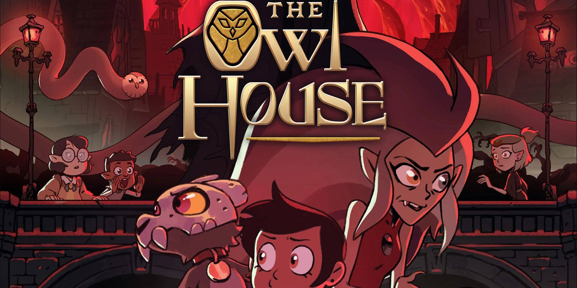 《夜行神龍》主角團緊密聯手 壁紙 — 《The Owl House》的風格化動畫海報，角色處於暗紅色哥德式場景中，帶有發光的眼睛和燈籠。