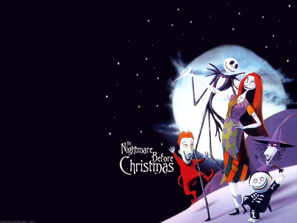 《夜行神龍》電影海報：莎莉 壁紙 — Jack Skellington 和 Sally 站在滿月下，與 Zero 和 Lock Shock 一起，來自《聖誕夜驚魂》的詭異夜景。
