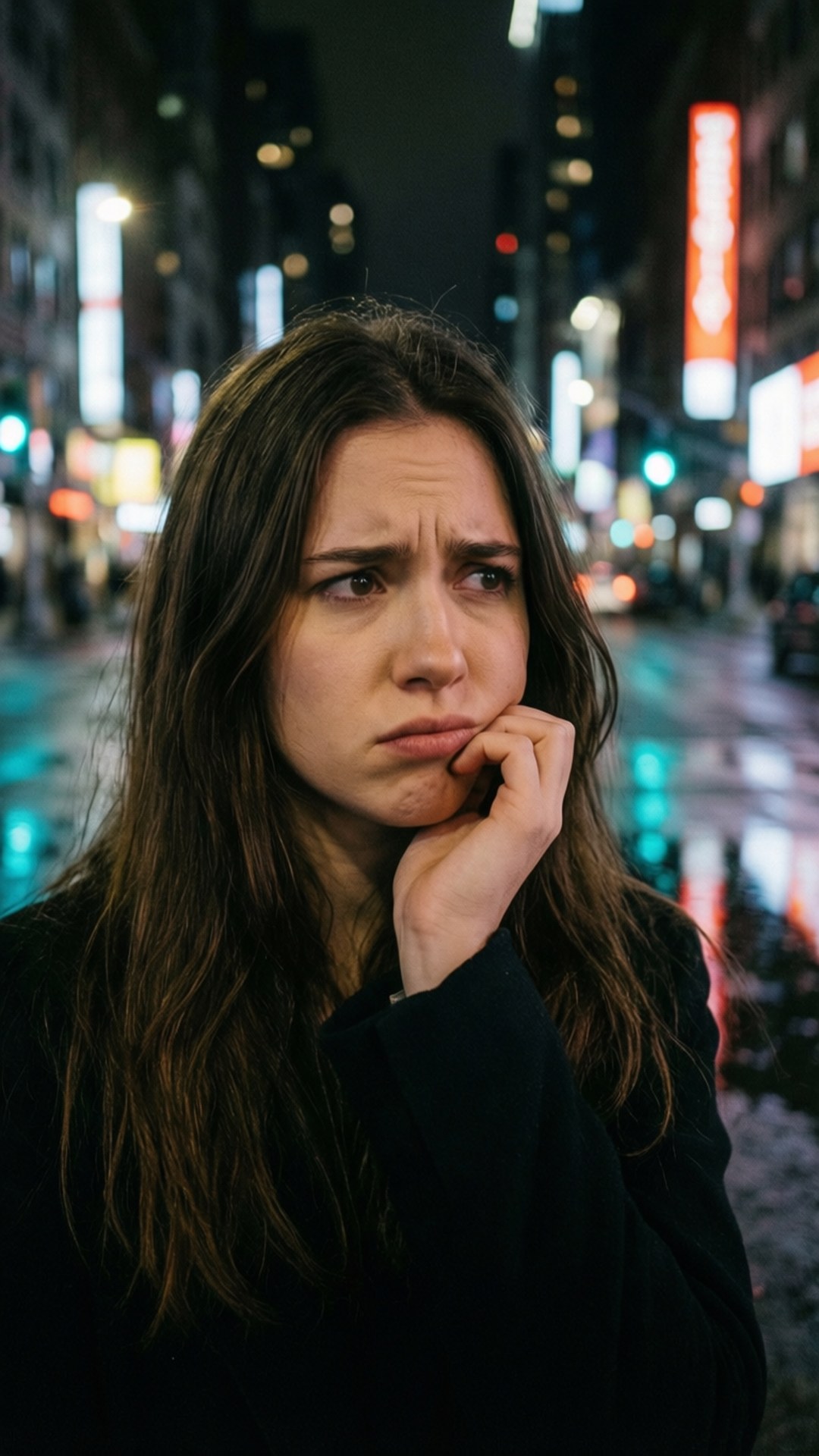 夜迷惘 壁紙 — 一位年輕女性帶著憂慮的表情，獨自站在夜晚雨中的城市街道上，被閃爍的霓虹燈和街燈照亮。