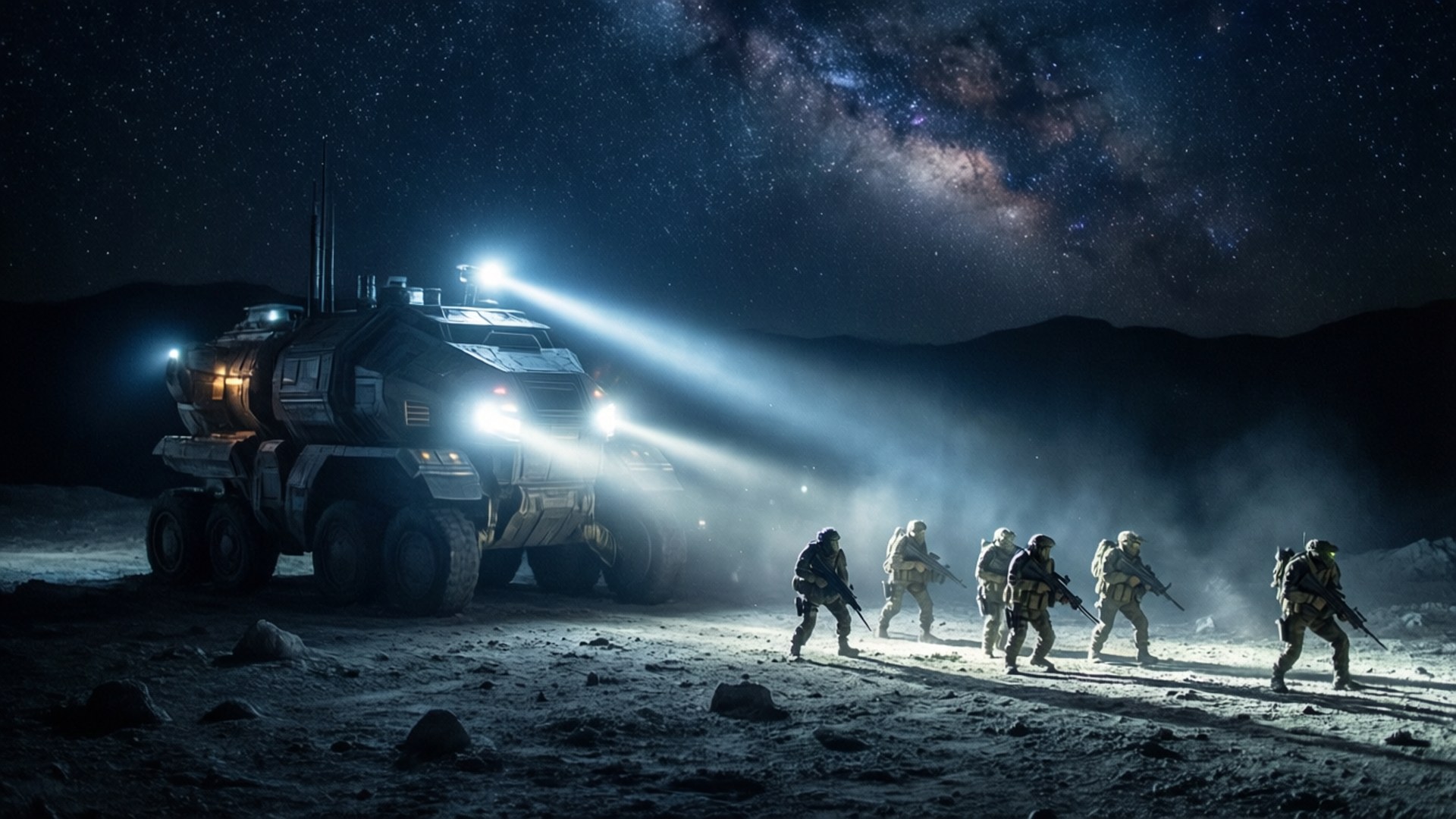 未來風格的士兵在星空外星天空下，在一輛發光的裝甲車旁行進。