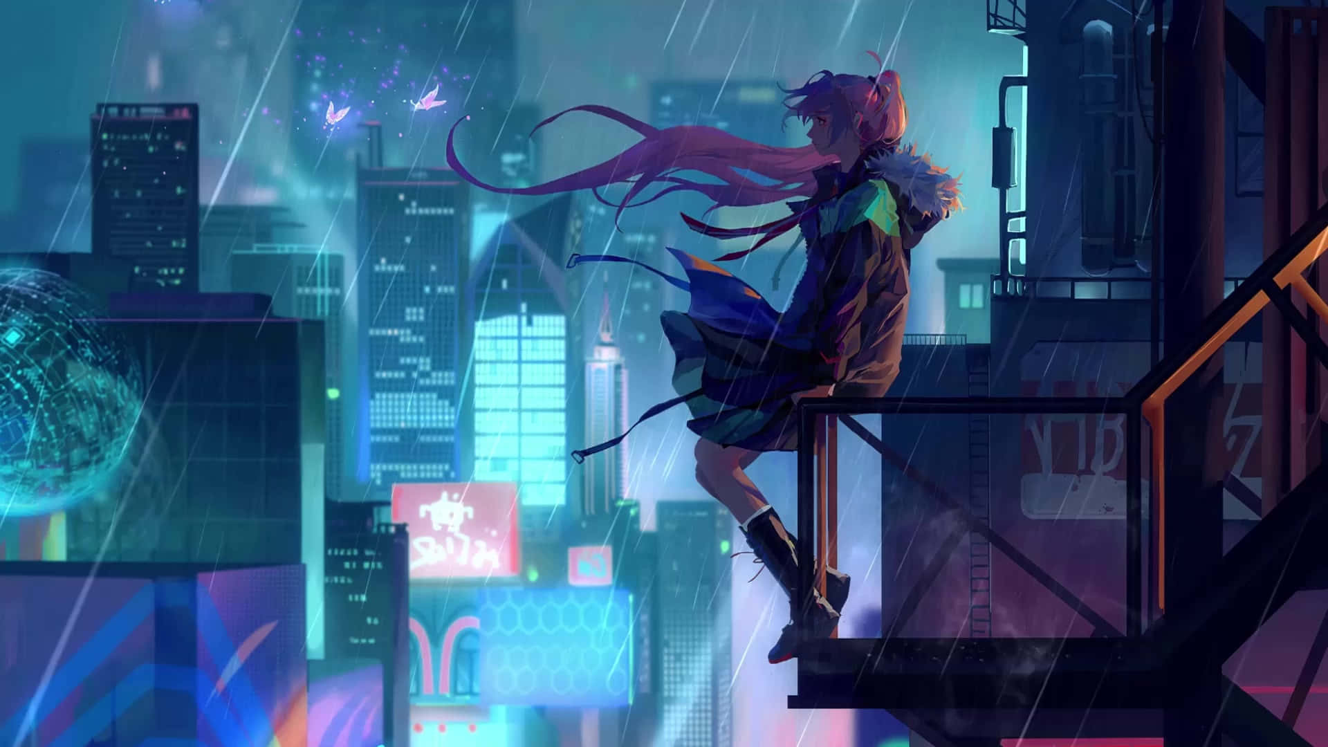 粉紅髮動漫女孩在雨夜霓虹城市的防火梯上