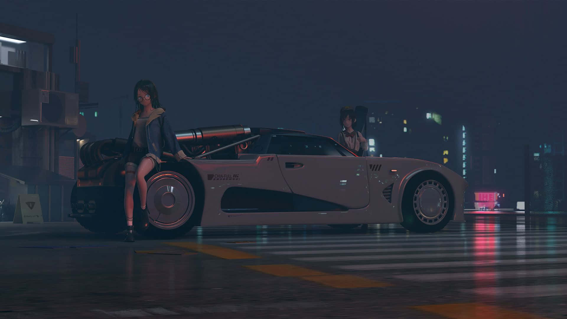 夜間動漫汽車場景 壁紙 — 兩個動漫女孩在夜晚的賽博龐克城市中，在霓虹燈照亮濕漉漉的屋頂上，在一輛時尚的未來主義汽車旁擺姿勢。