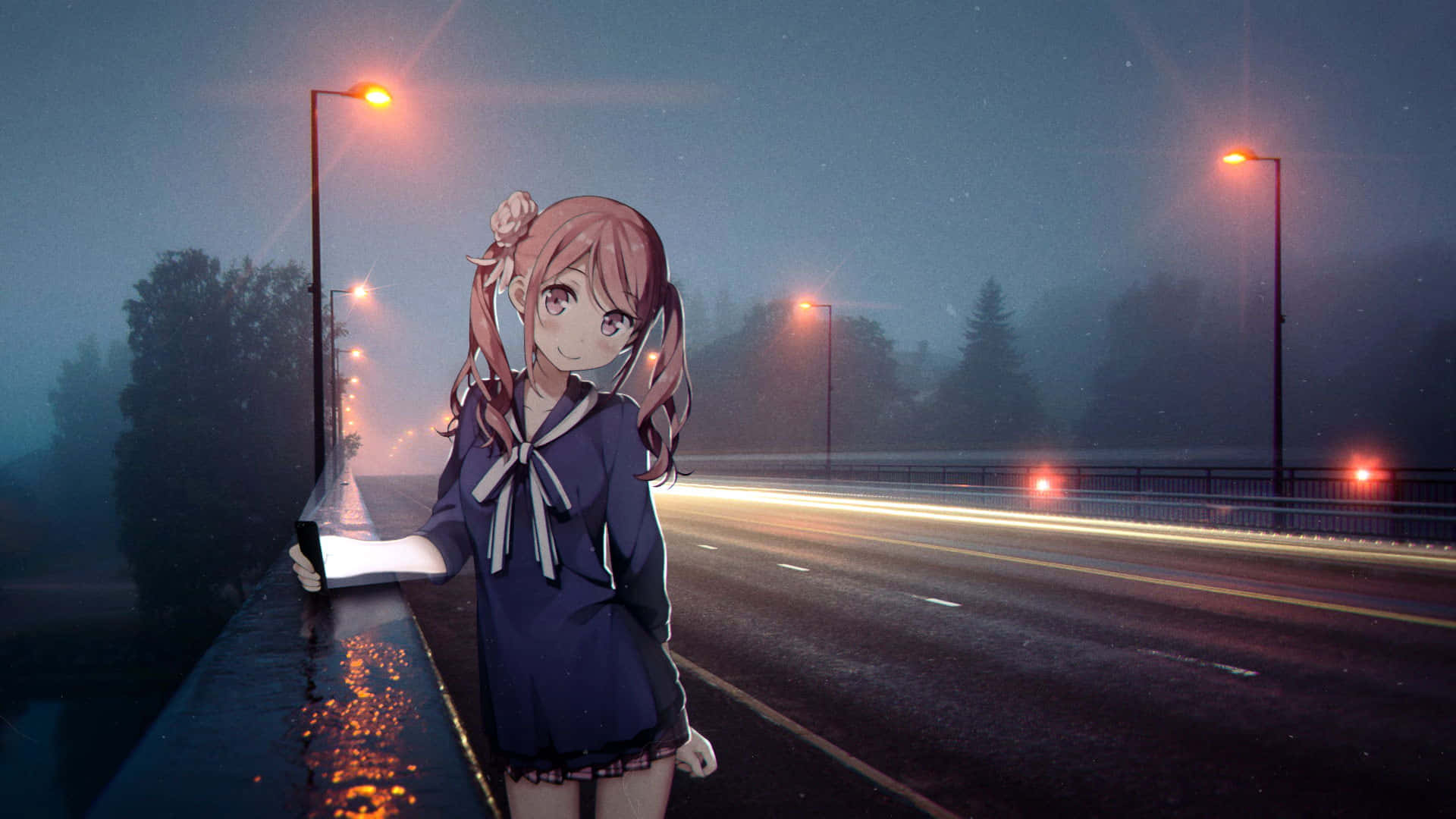 穿著校服的動漫女孩在夜晚站在濕漉漉的路邊，在發光的街燈下。