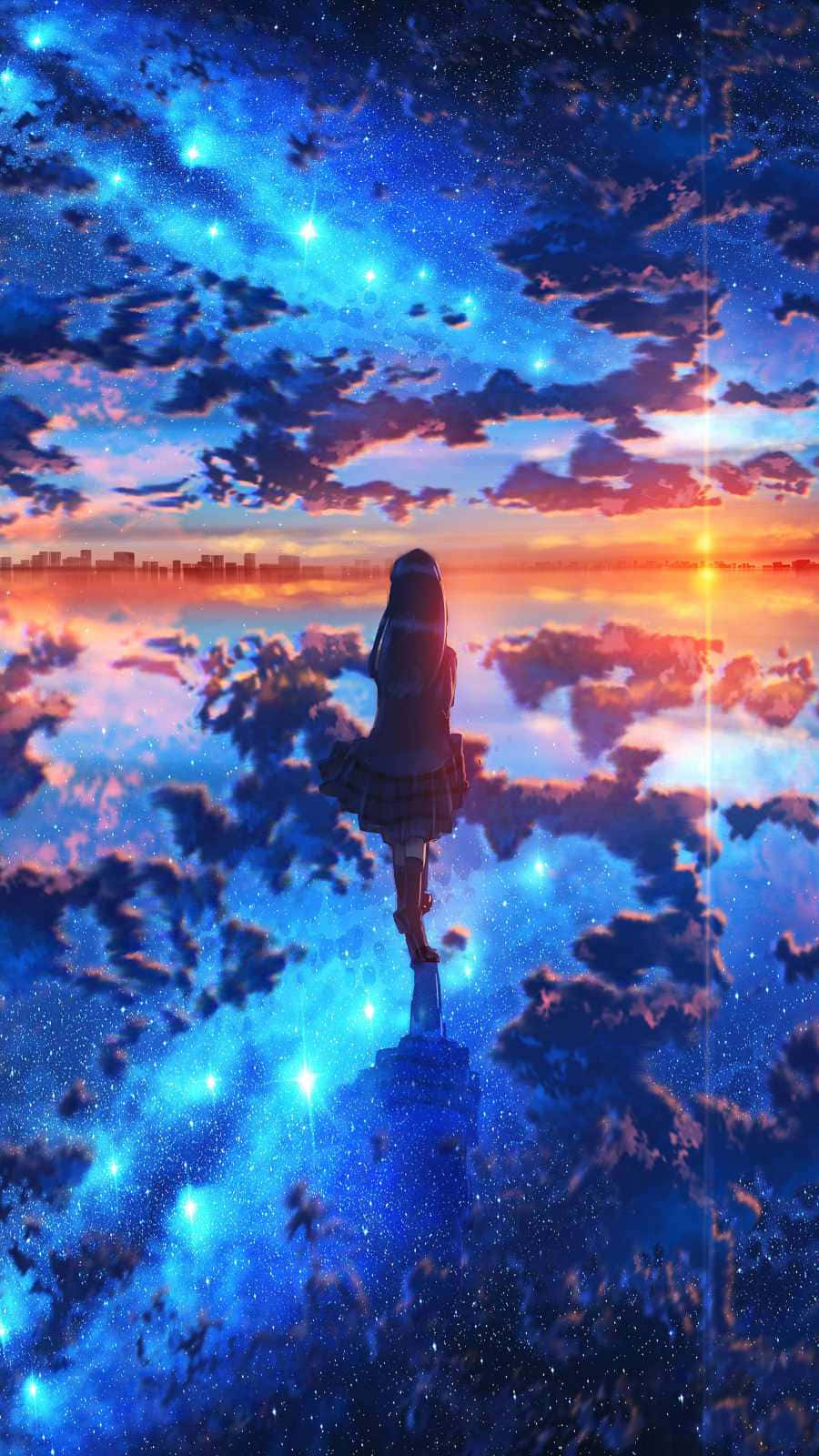 動漫女孩穿著校服站在柱子上，在星空日落天空下
