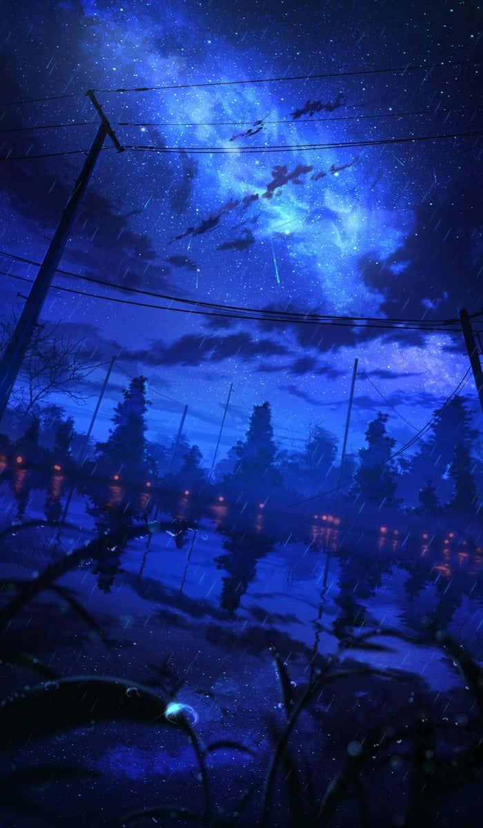 雨夜，電線和樹木在星空藍天下倒映在水坑中。
