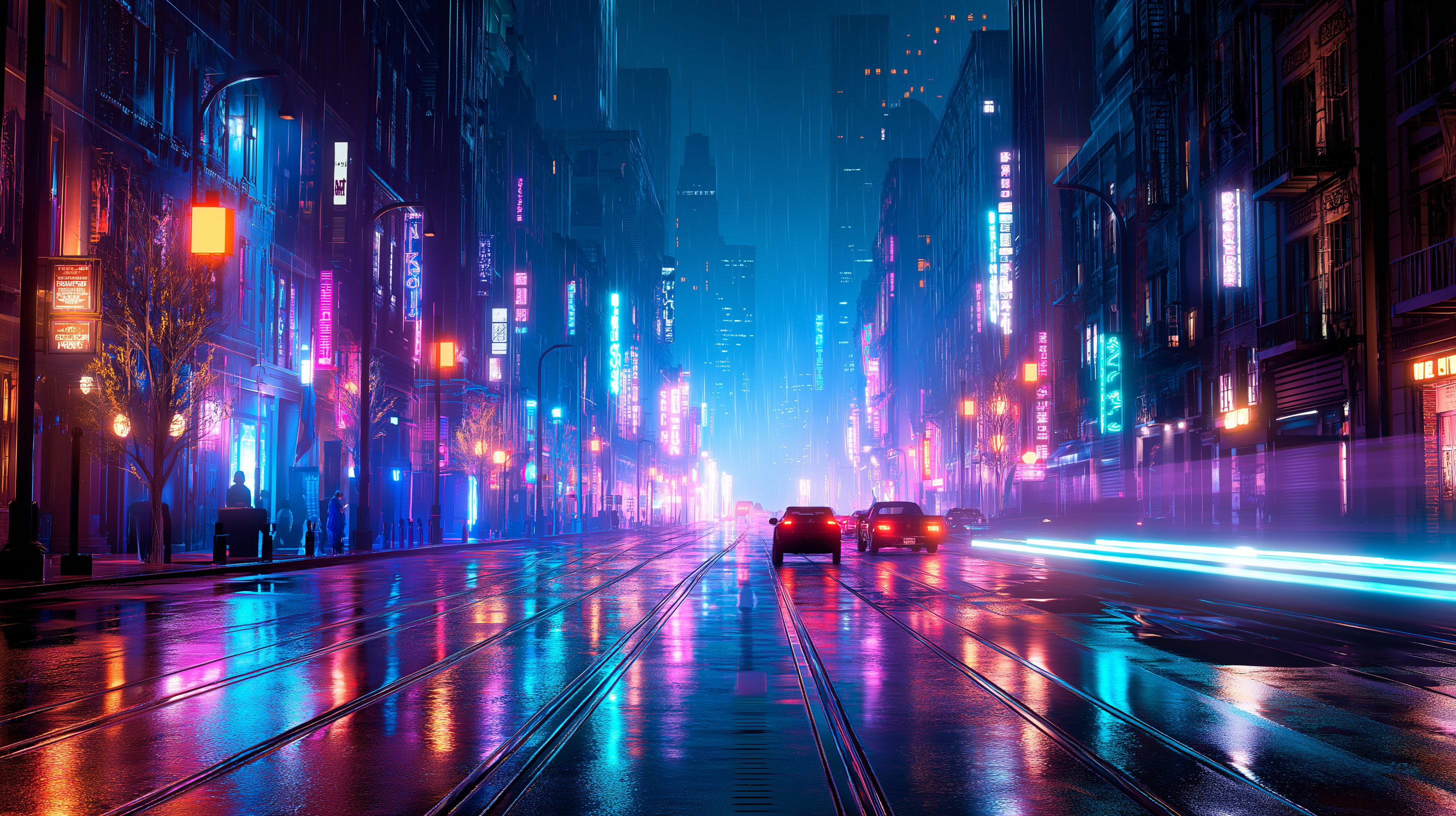 夜間城市燈光 壁紙 — 雨濕的霓虹燈城市街道夜景，發光的招牌在濕漉漉的瀝青上反射，汽車燈光形成條紋。