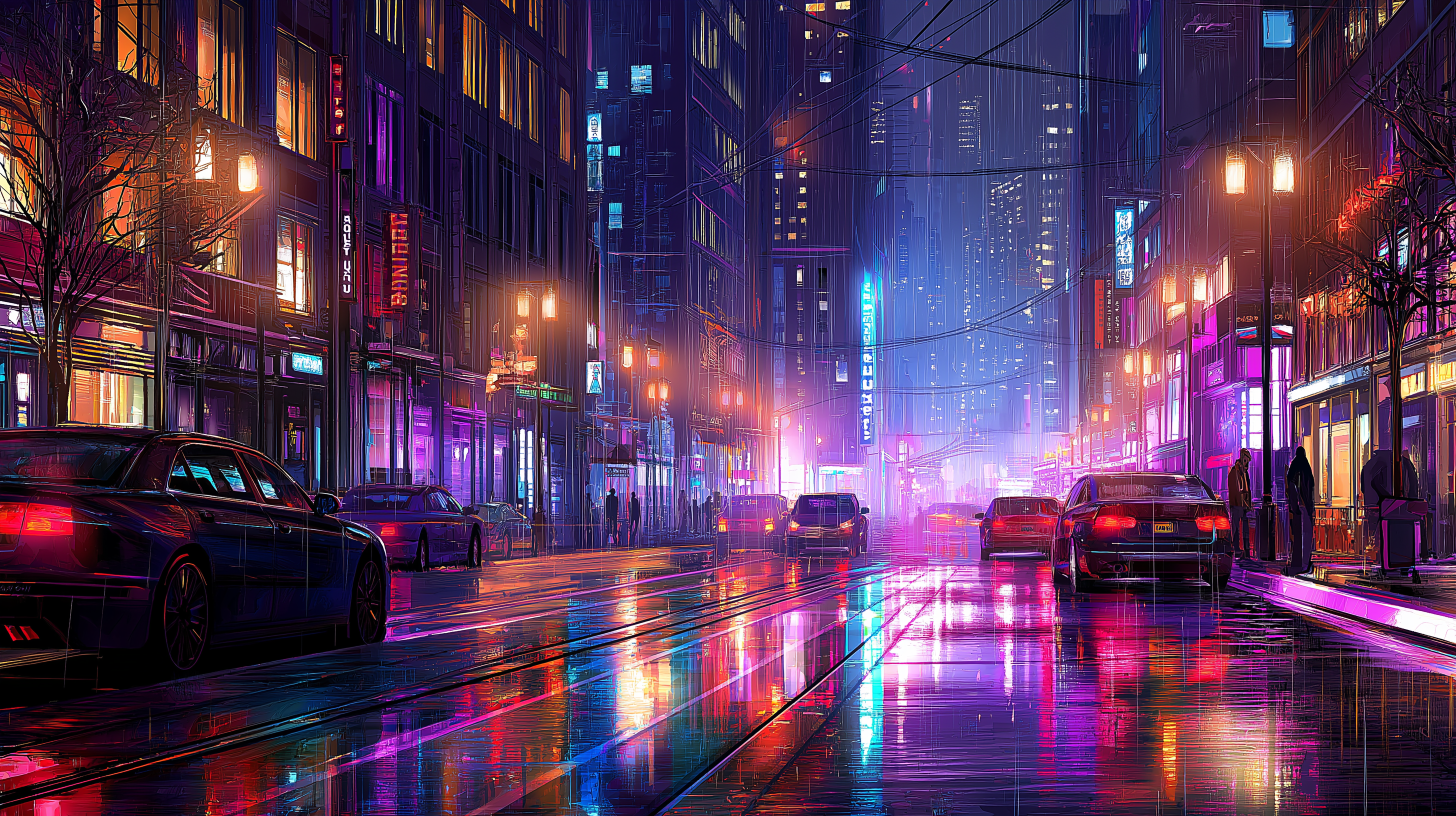 夜間城市燈光 壁紙 — 雨濕的霓虹燈城市街道夜景，濕漉漉的路面反射出光芒，汽車沿著發光的商店櫥窗停放。