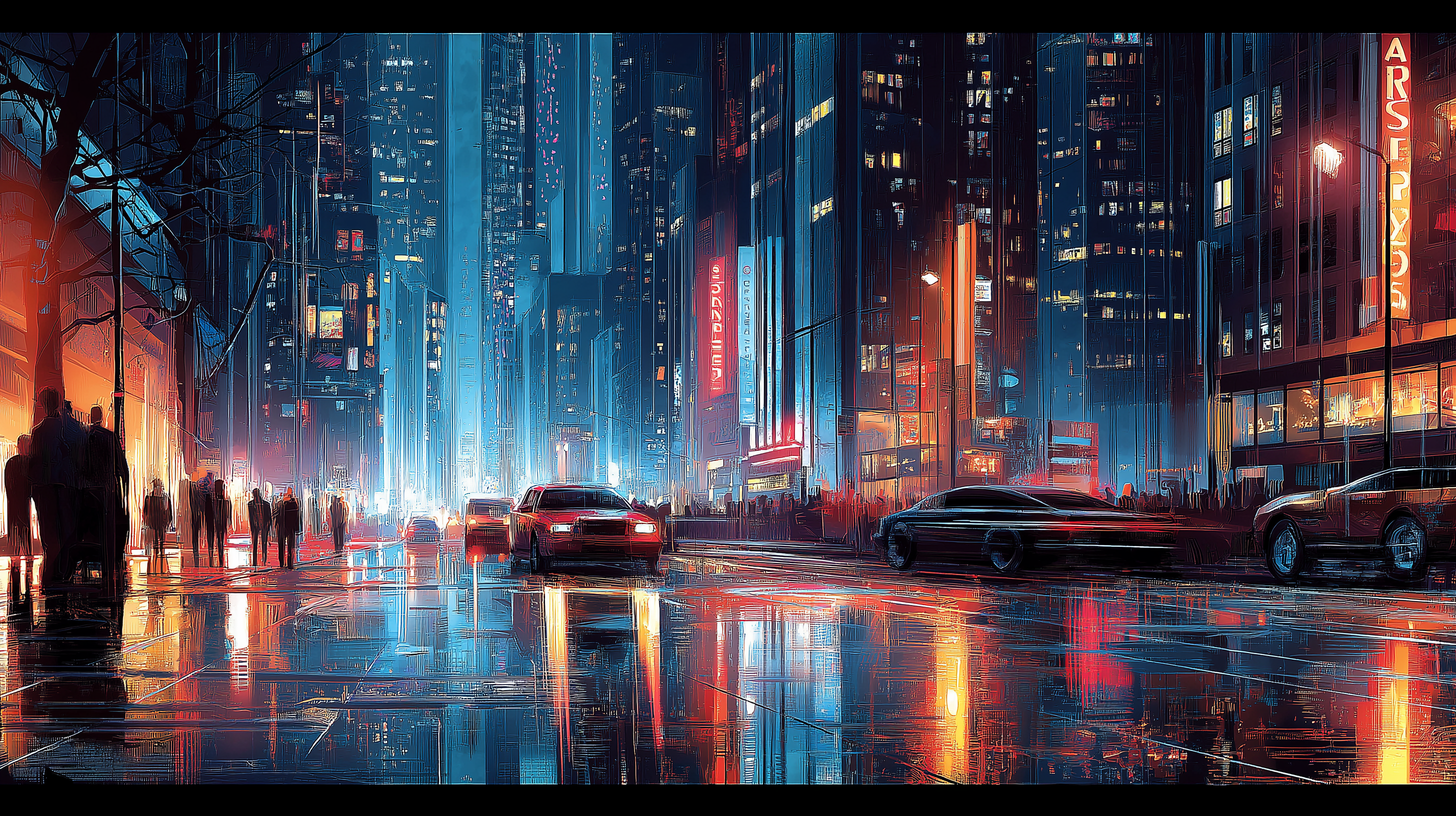 夜間城市燈光 壁紙 — 雨濕的霓虹燈夜間城市街道，發光的摩天大樓和模糊的車燈反射在濕漉漉的路面上。