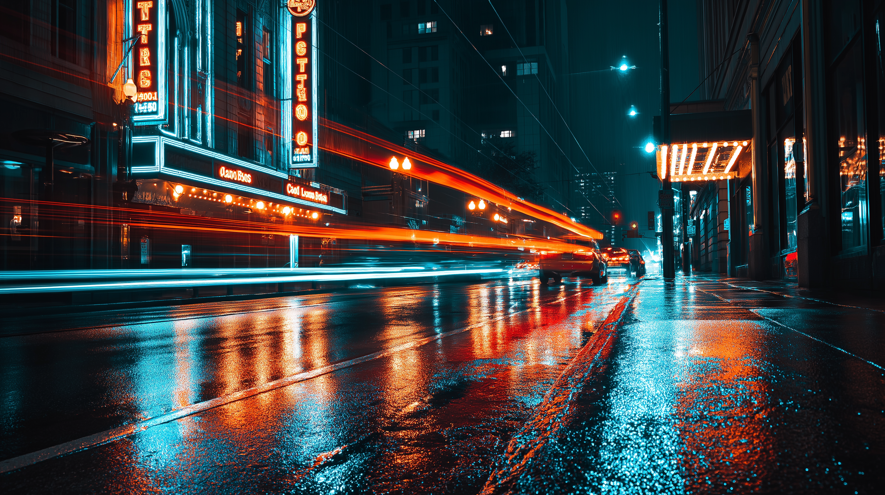 夜間城市燈光 壁紙 — 雨濕的夜晚城市街道，霓虹燈招牌和來往車輛的紅、藍、白光條閃爍。