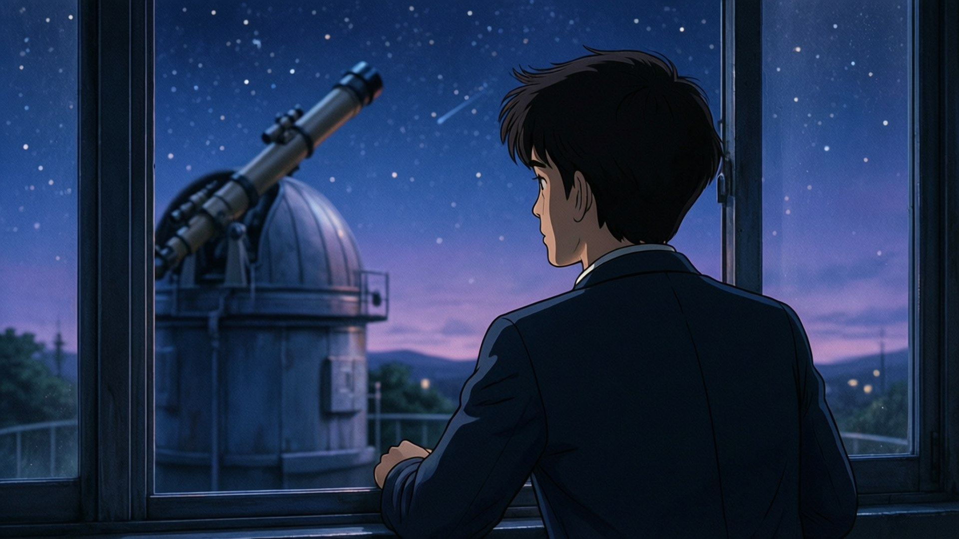 年輕男子穿西裝望出窗外看星空夜晚望遠鏡天文台