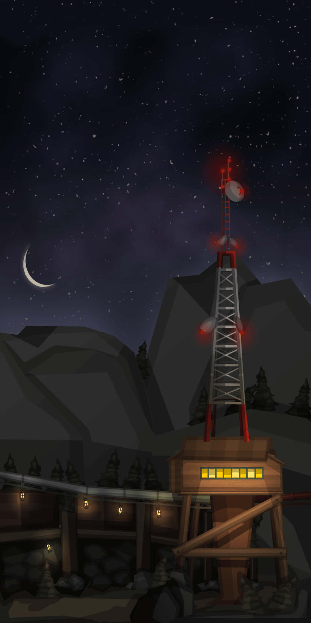 夜間守望塔Pixel 3 TF2背景 壁紙 — 一座發光的紅色無線電塔矗立在山頂上，下方是繁星點點的夜空和一彎新月。