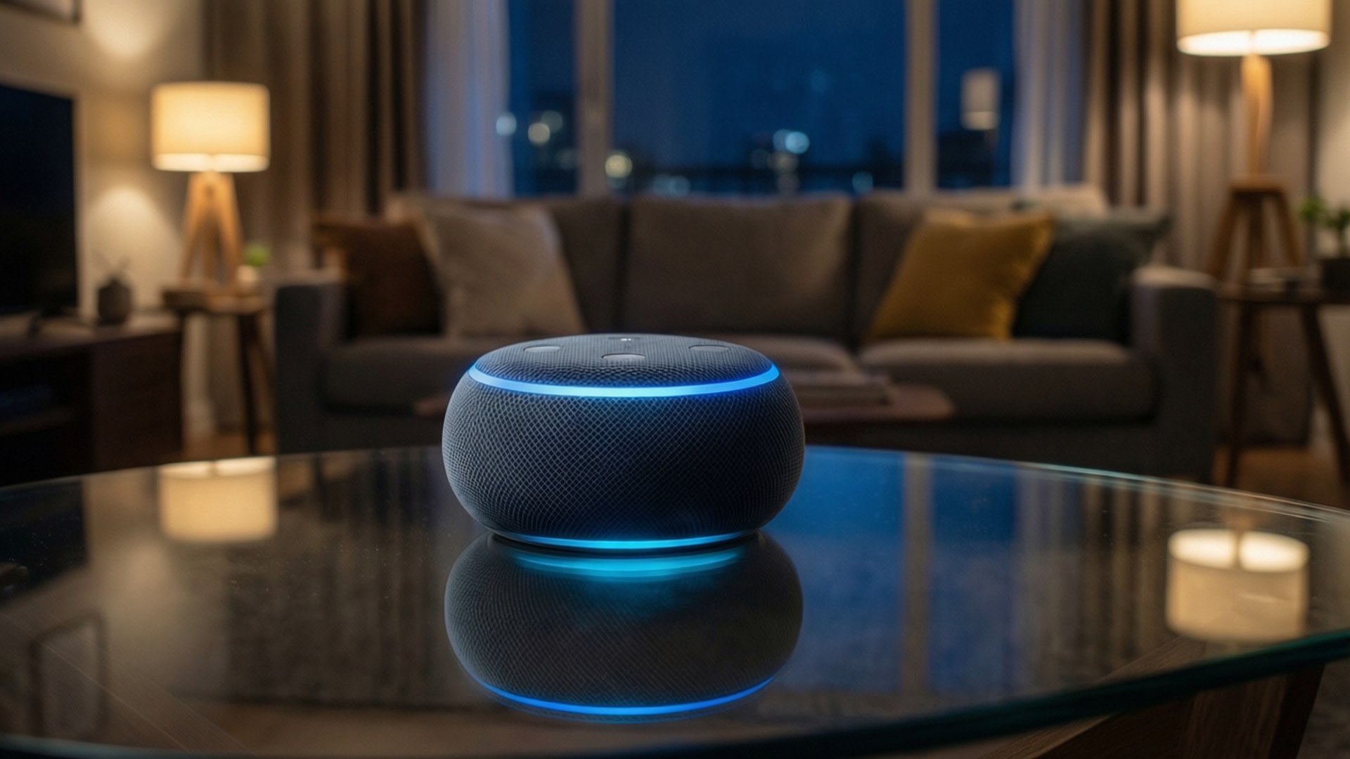 夜間客廳 Echo Dot 壁紙 — 一個藍色發光的智能揚聲器放在玻璃咖啡桌中央，在夜間舒適昏暗的客廳中。