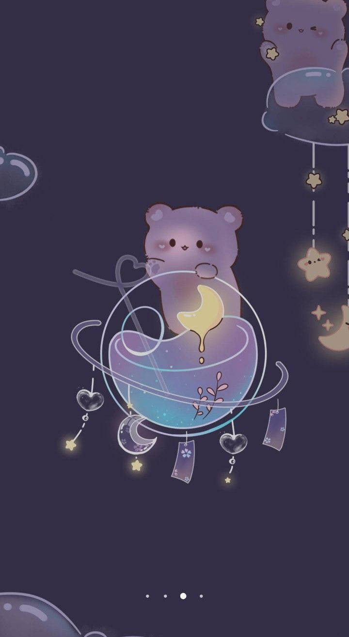 一隻紫色小熊在發光的宇宙茶杯中，周圍漂浮著星星和月亮。