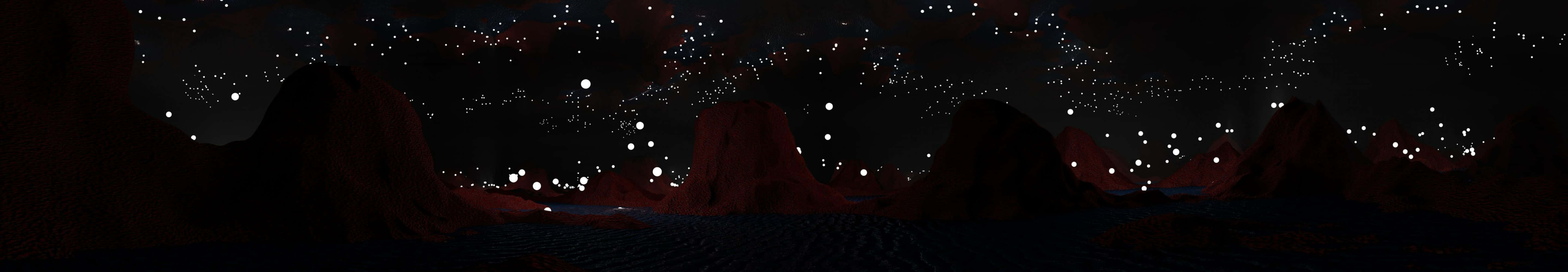 星空下紅色山脈的輪廓，伴隨著發光的燈光。