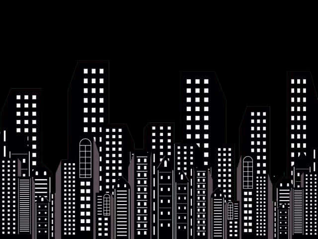 夜間抽象城市天際線 壁紙 — 一個極簡的黑白城市天際線剪影，帶有發光的窗戶，背景為深色。