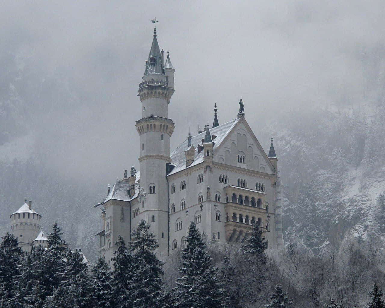 山上雪城堡，有常青樹和霧濛濛的天空