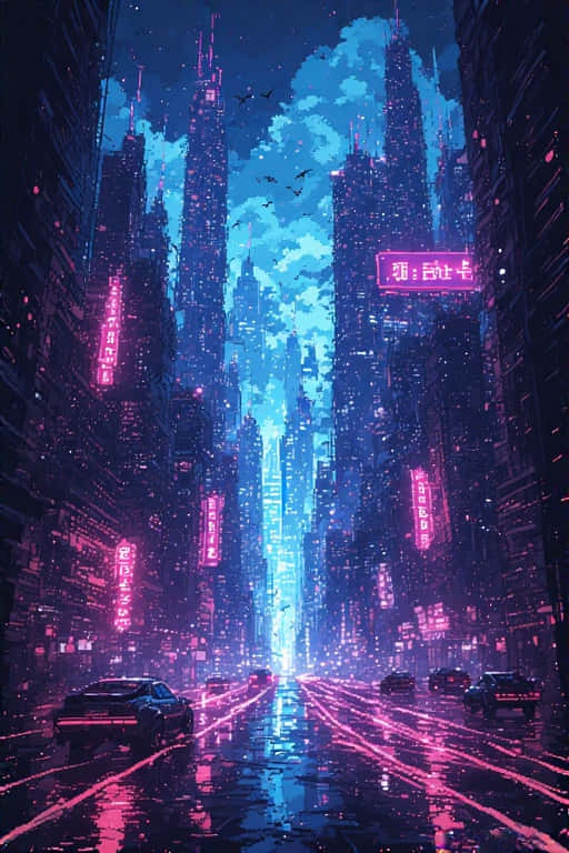 夜間未來主義像素藝術城市 4K 壁紙 — 雨濕的霓虹 cyberpunk 城市街道，高聳的摩天大樓在陰天天空下閃爍粉紅色和藍色。