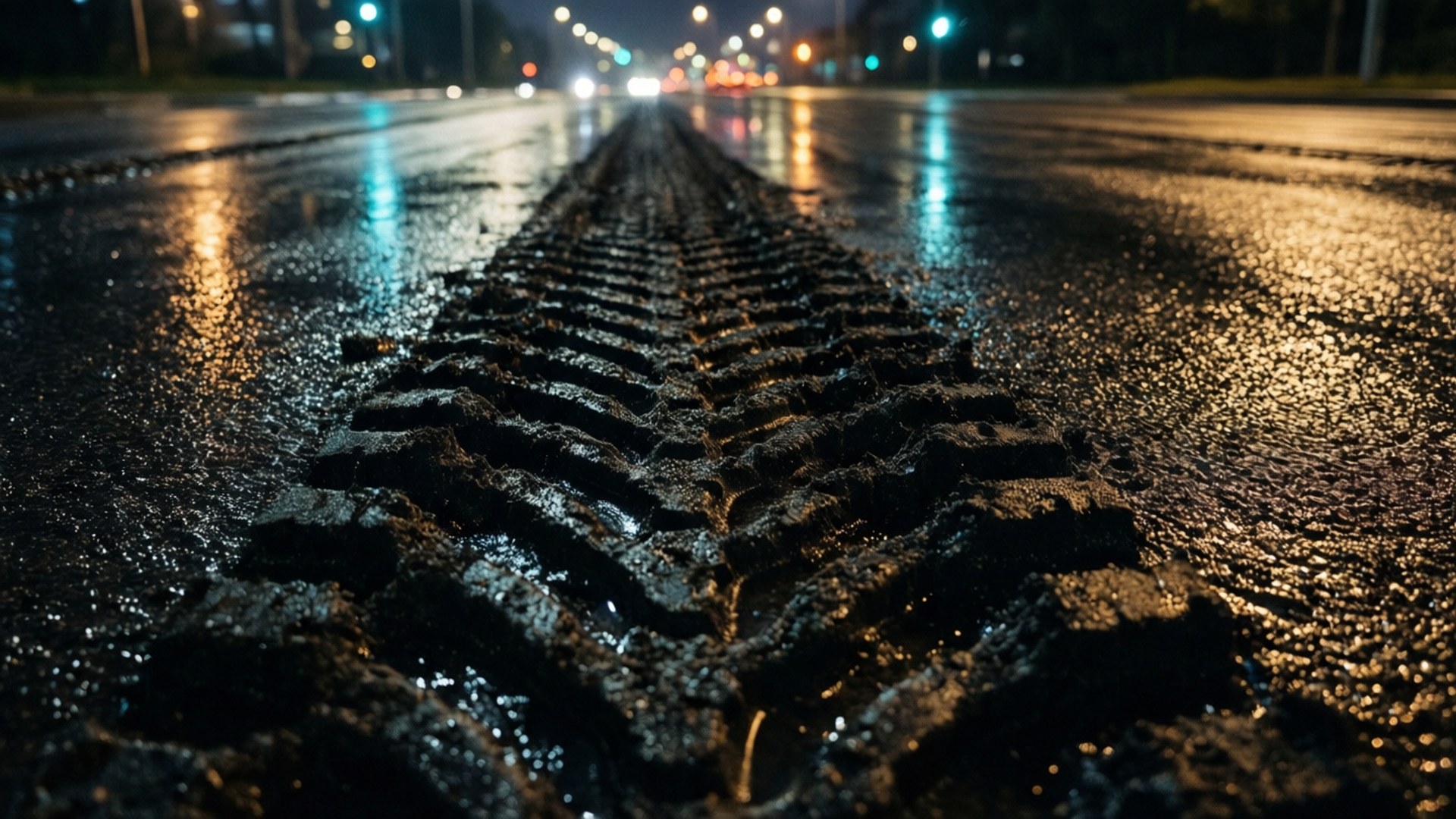 夜間濕地胎痕 壁紙 — 夜晚濕瀝青上深深輪胎痕的特寫，反射著街燈和遠處車頭燈。