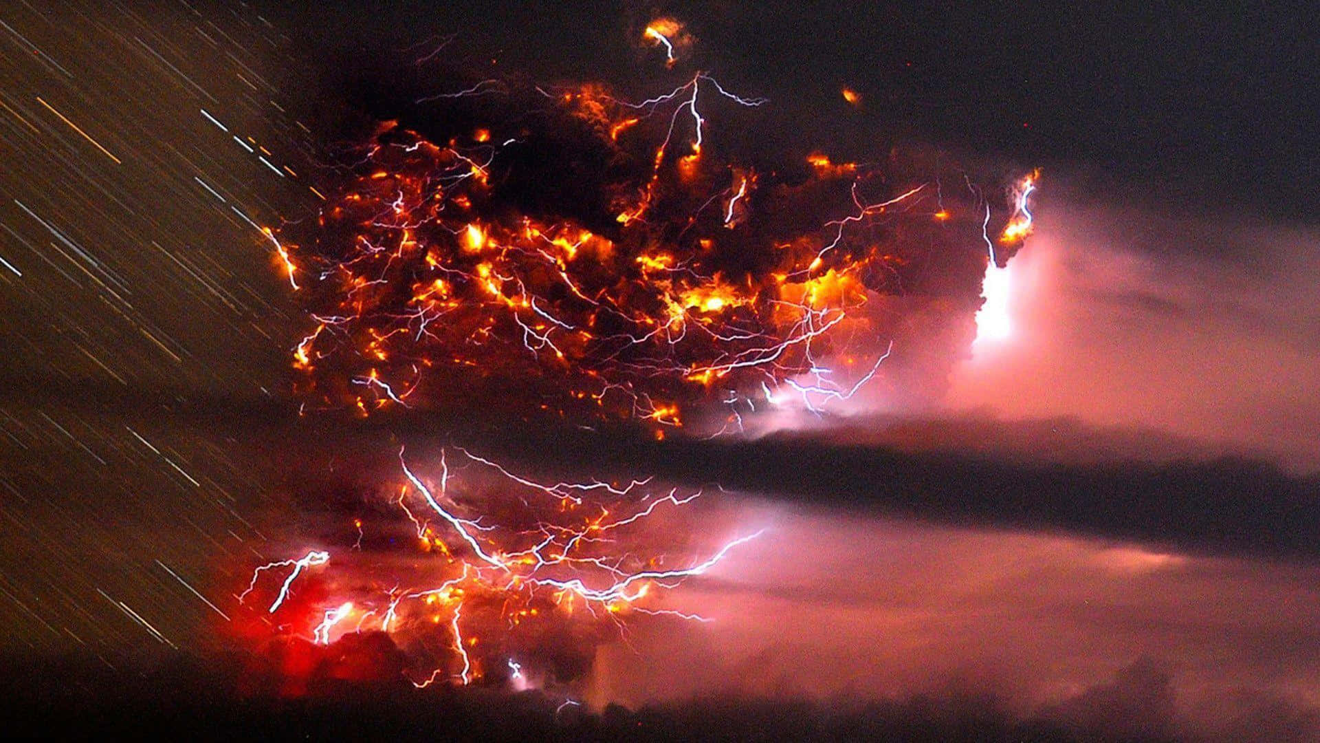 Red Lightning 桌布 壁紙 — 夜間火山爆發，熾熱熔岩和明亮閃電照亮黑暗雲層和星軌。