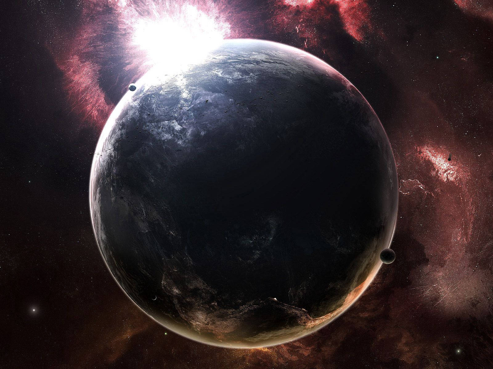 一顆帶有旋轉雲層的黑暗行星，在紅色星雲中繞著一顆明亮的恆星運行。
