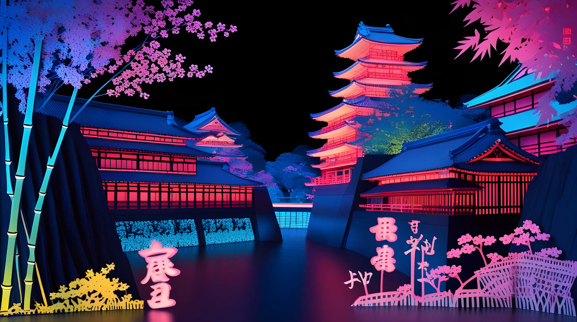 霓虹燈照亮日本寶塔和櫻花，夜晚倒映在水中