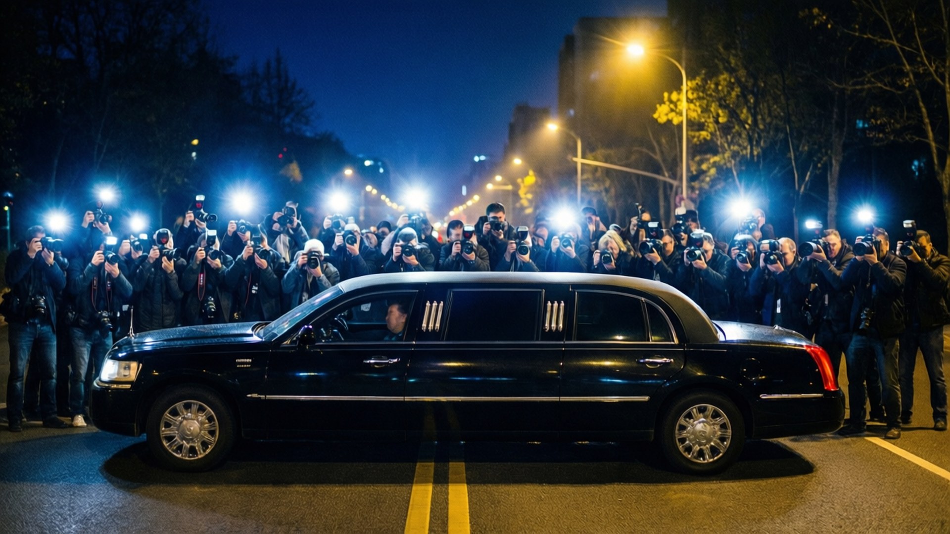 黑色豪華轎車在夜間被攝影師的閃光燈包圍。