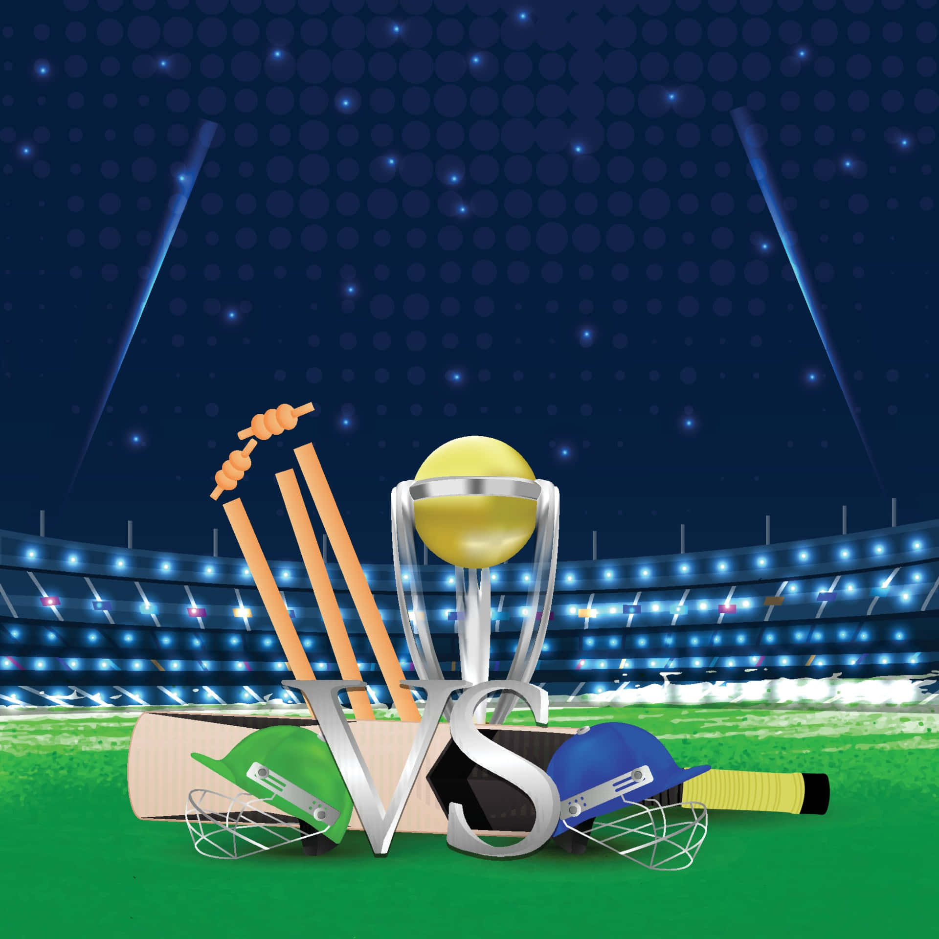 Cricket Ground 桌布 壁紙 — 夜間球場燈光下，綠色球場上擺放著發光的板球獎盃和裝備。