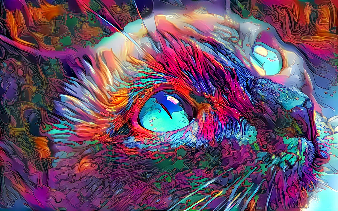一幅色彩繽紛的貓臉數位繪畫，帶有發光的眼睛和旋轉圖案。