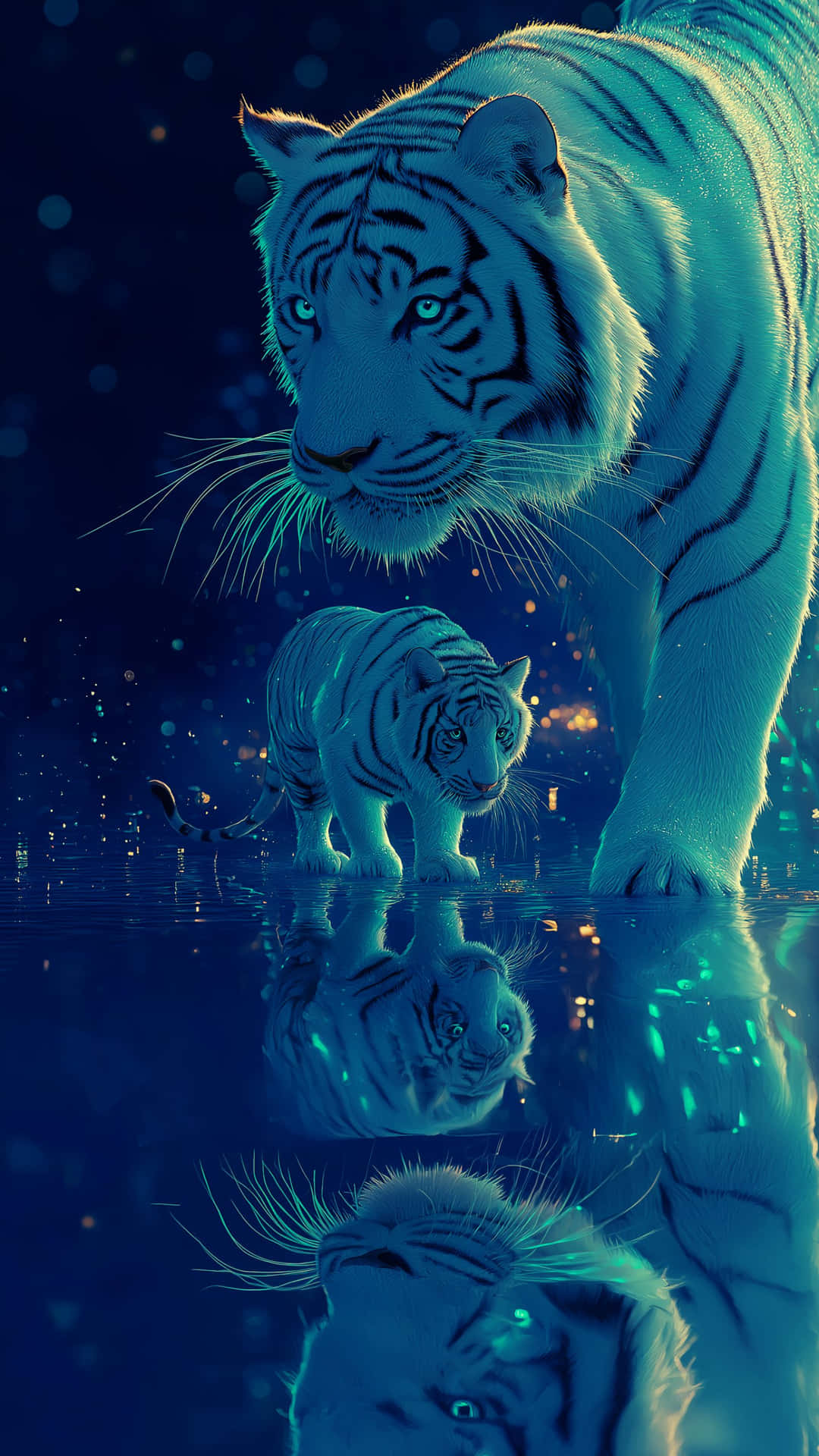 夜間神秘水域中，擁有發光藍眼的雄偉白虎 壁紙 — 一頭雄偉的白虎，眼睛發光，站在深藍色的水中，水面倒映著它的形態和一隻較小的幼虎在旁邊。