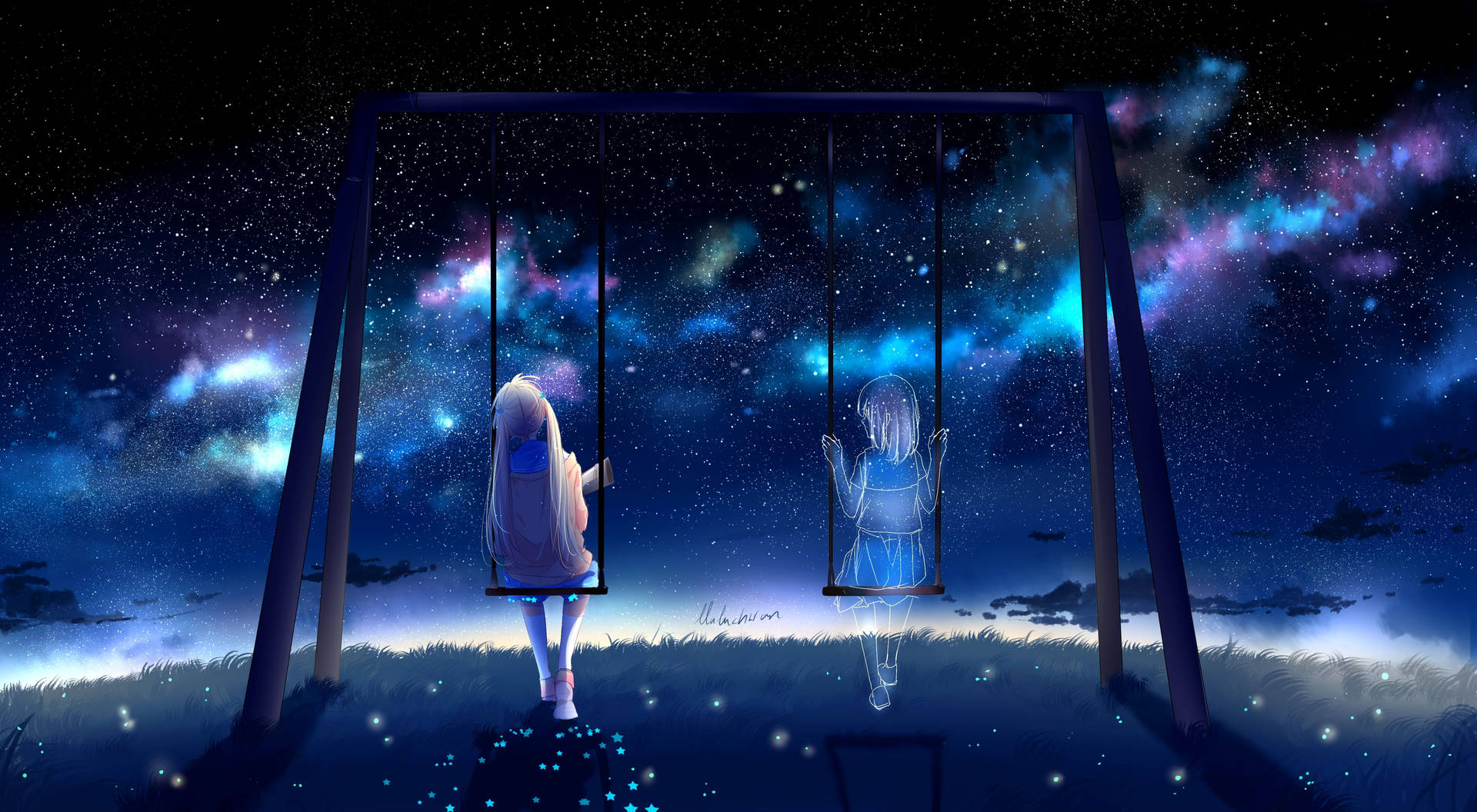 兩個女孩在鞦韆上，星空夜空下有發光的星雲。