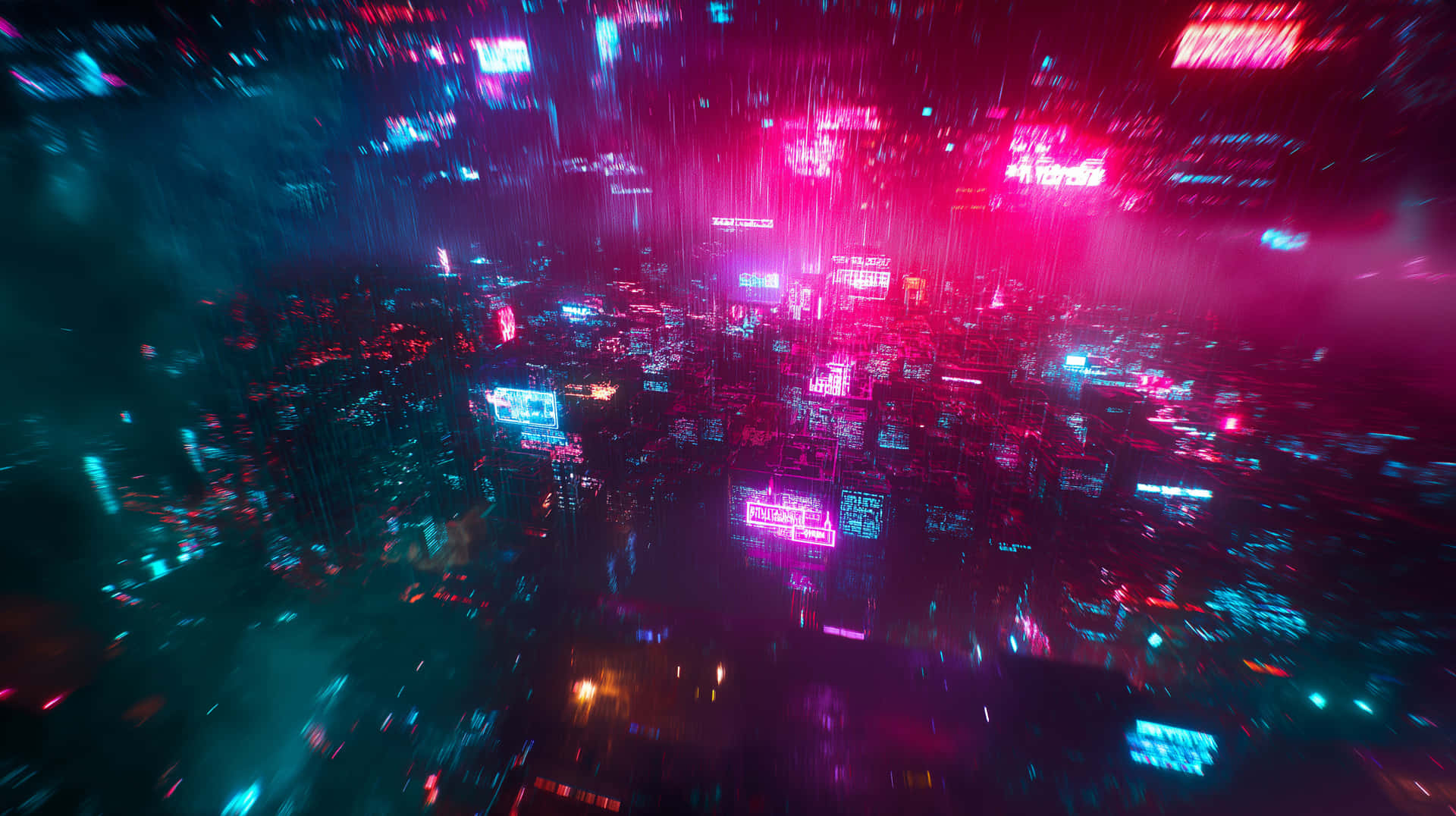 夜晚的未來城市，霓虹燈和雨痕營造出發光的數位效果。