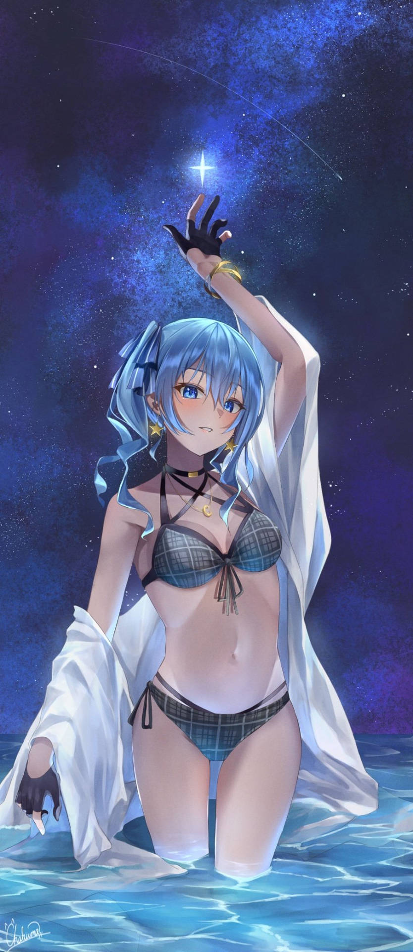 穿格子比基尼的動漫女孩在宇宙水中觸碰閃亮星星