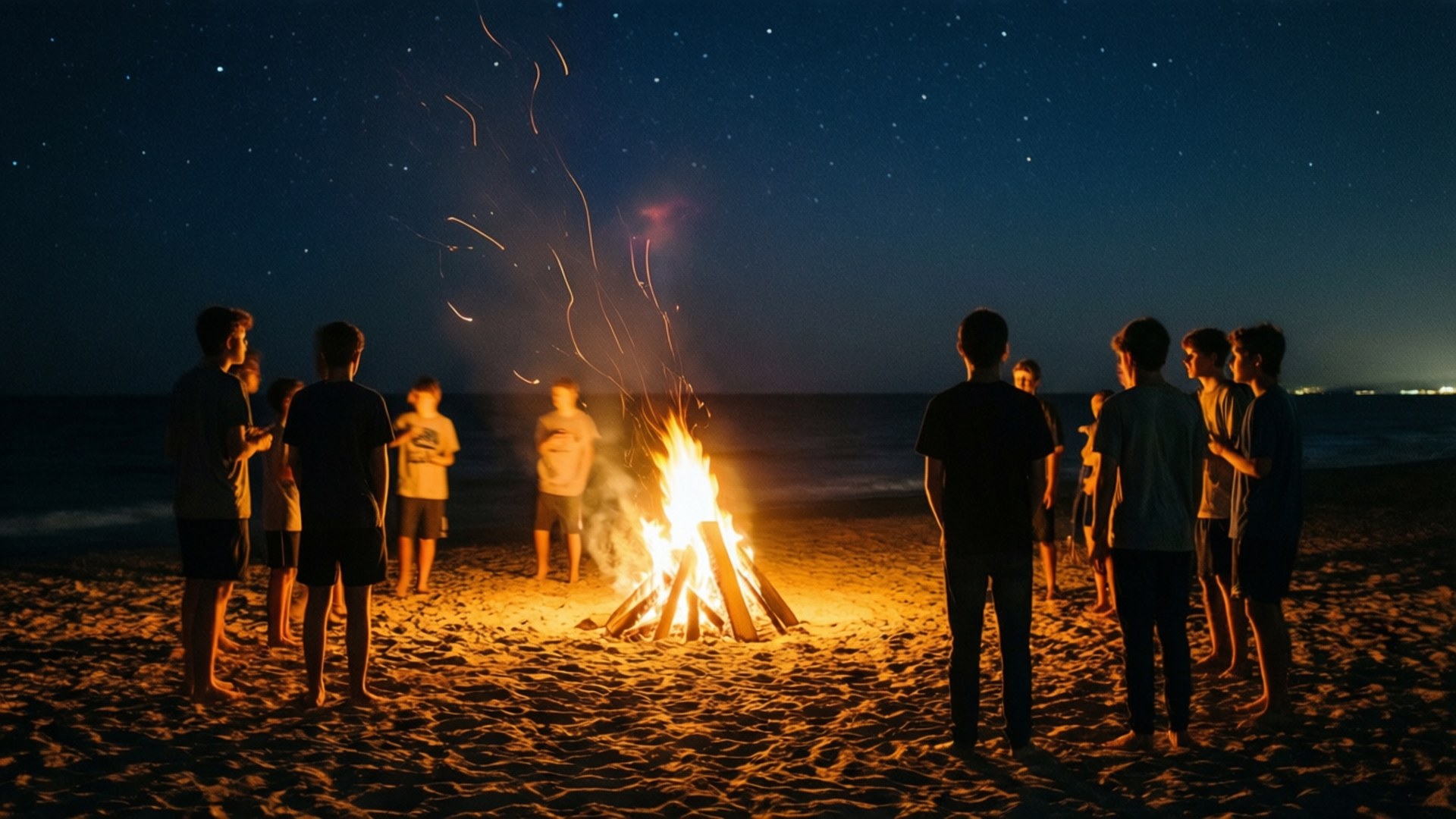 夜間篝火 壁紙 — 一群人在繁星點點的海灘上，夜晚圍著熊熊燃燒的營火，火花向上飛舞。