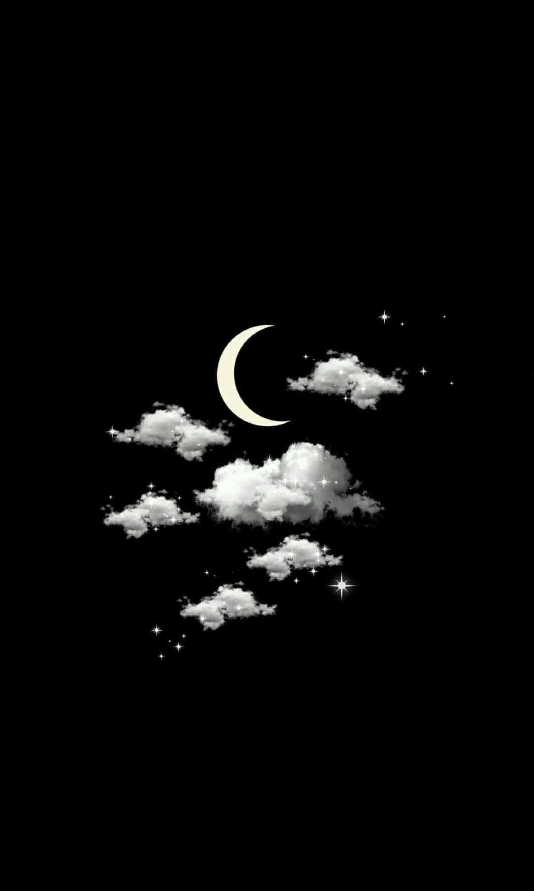 夜間美學 壁紙 — 一彎新月和散落的雲朵在點綴著閃爍星星的黑色夜空中柔和發光。