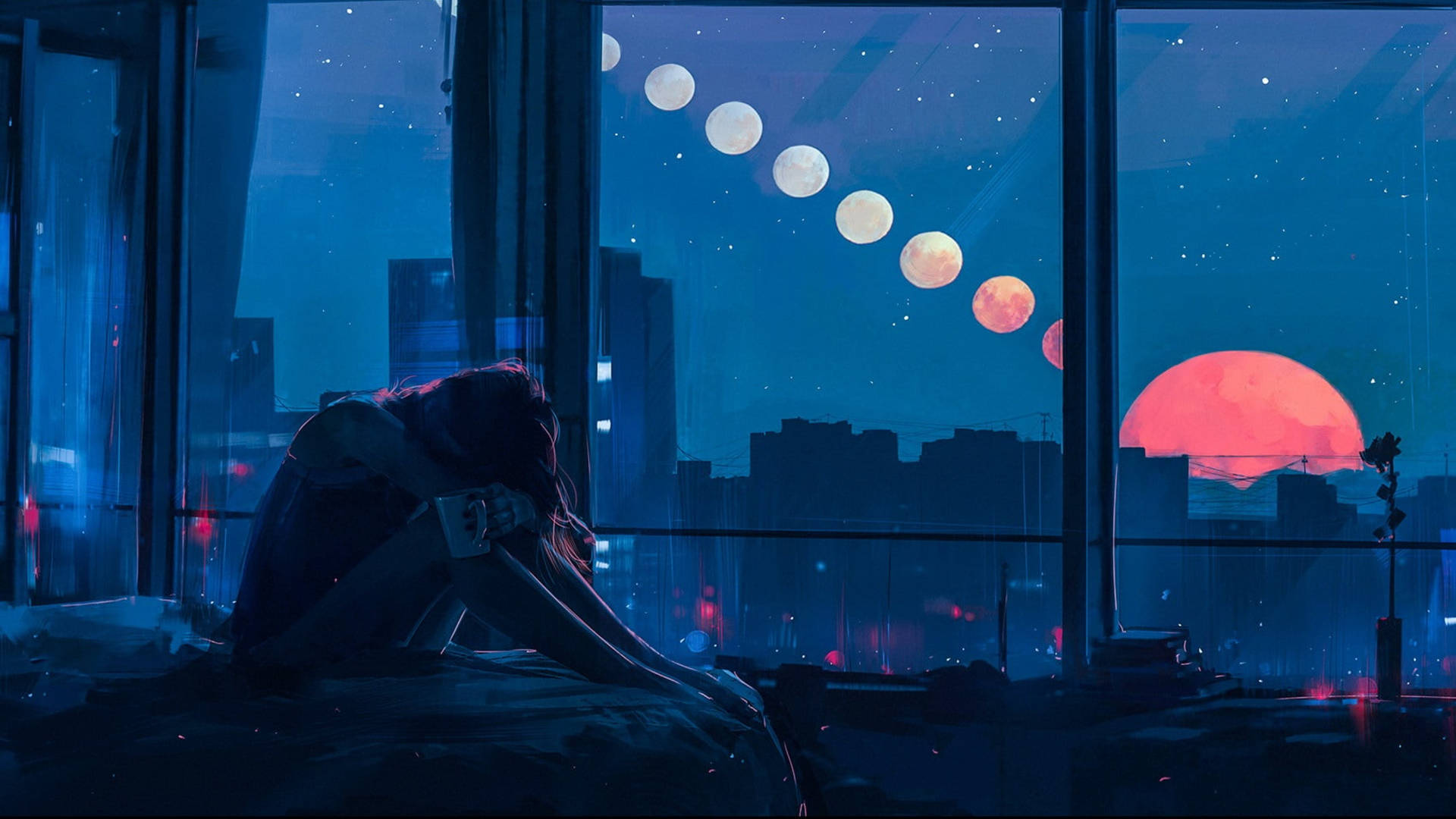 人坐在窗邊觀看月亮在夜間城市上空升起
