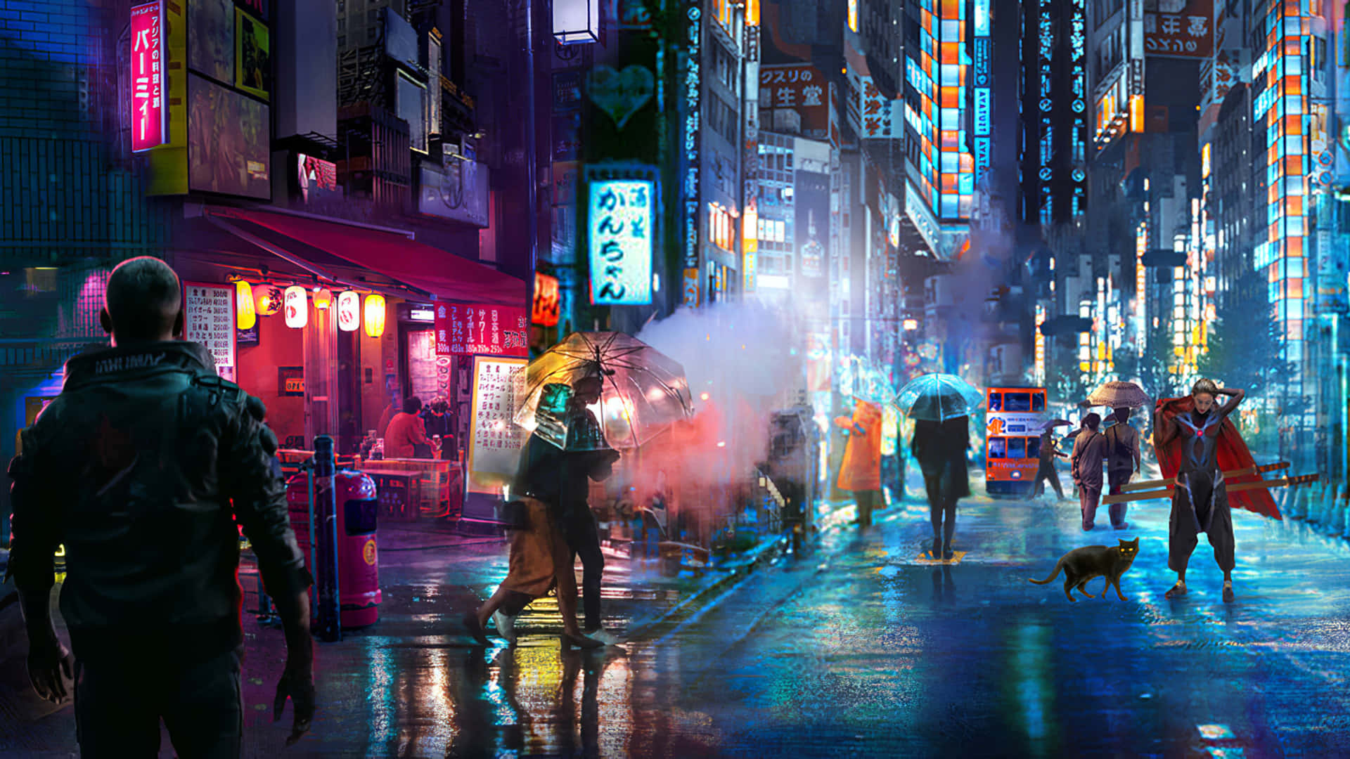 雨中的霓虹燈東京街道，人們和貓咪在發光招牌下行走。