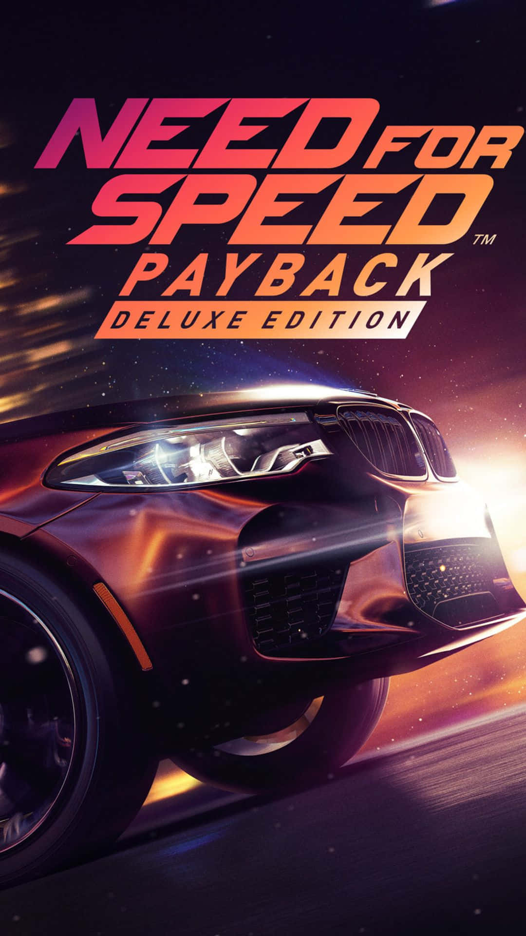 夜間賽車的震撼畫面：《Need for Speed Payback》 壁紙 — 一輛時尚的黑色跑車在發光的隧道中疾馳，隧道內有火熱的橙色和紫色燈光，上方有遊戲標題文字。